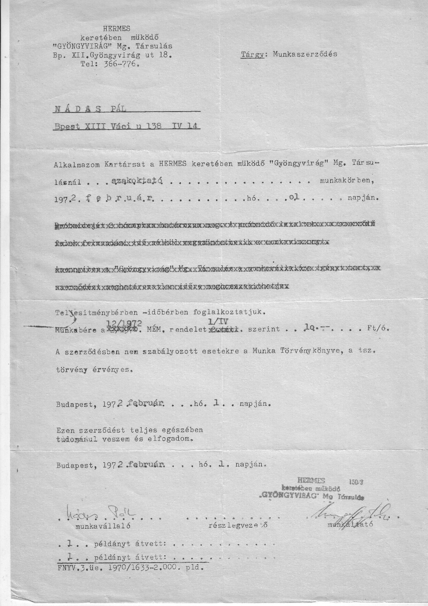 1972. 02. 01 Kertesz szakoktatoi megbizas HERMES Gyongyvirag Mg tarsuas borító