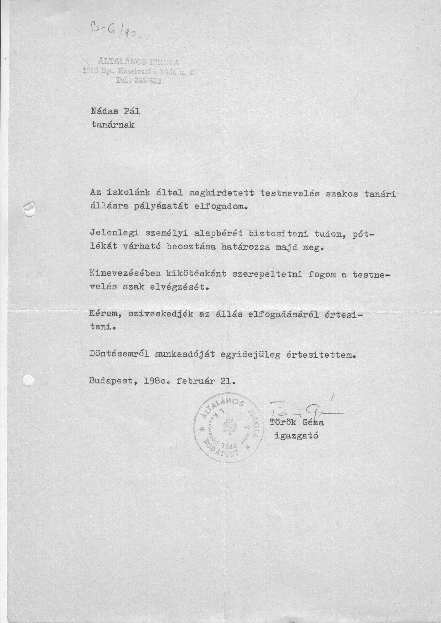 1980. 02.21. Testnevelo tanari palyazati ertesito. Kosciusko Tade utca borító