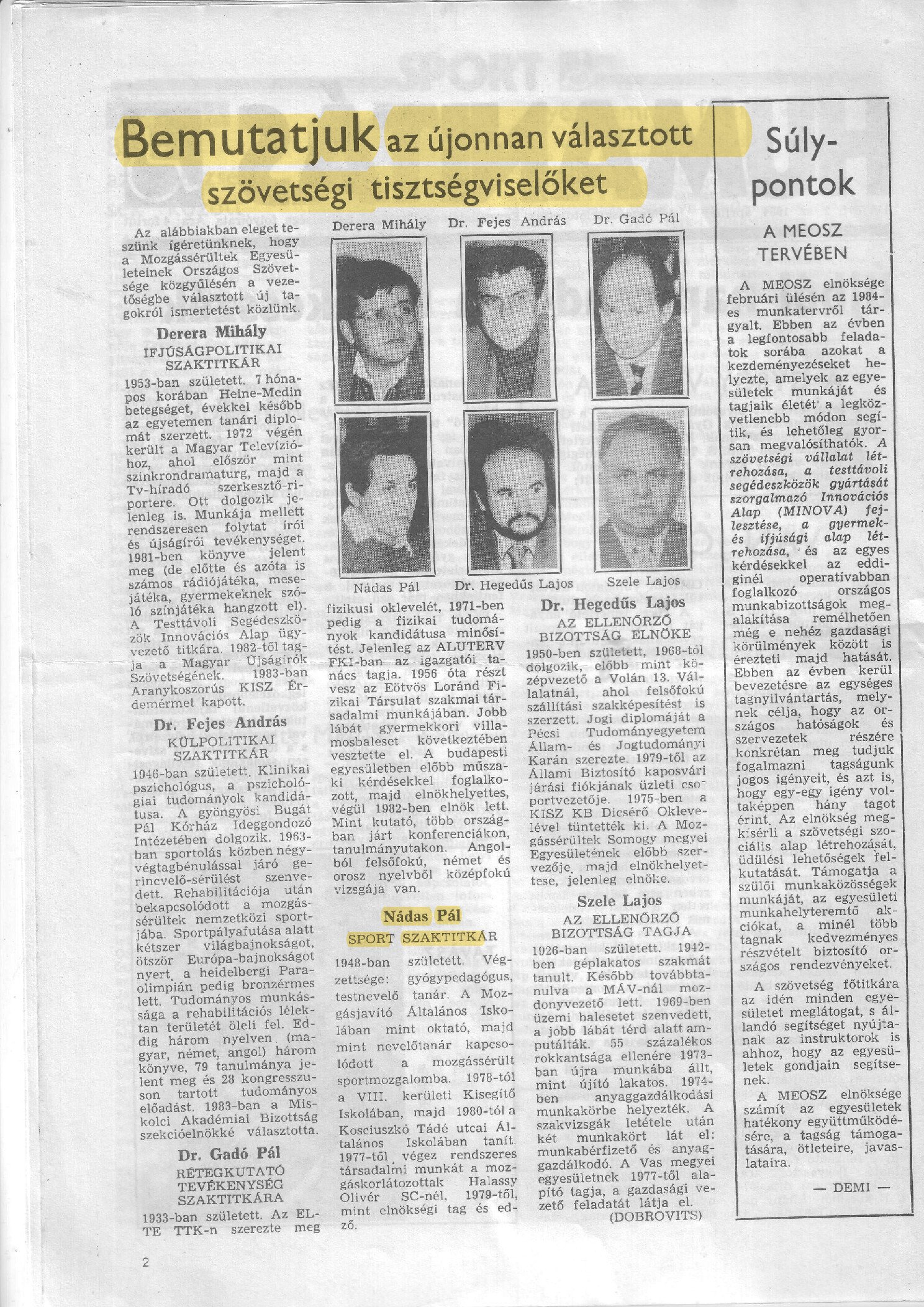 1984. 04. 02. Bemutatjuk az ujonnan valasztott MEOSZ tisztsegviseloket .Humanitas borító