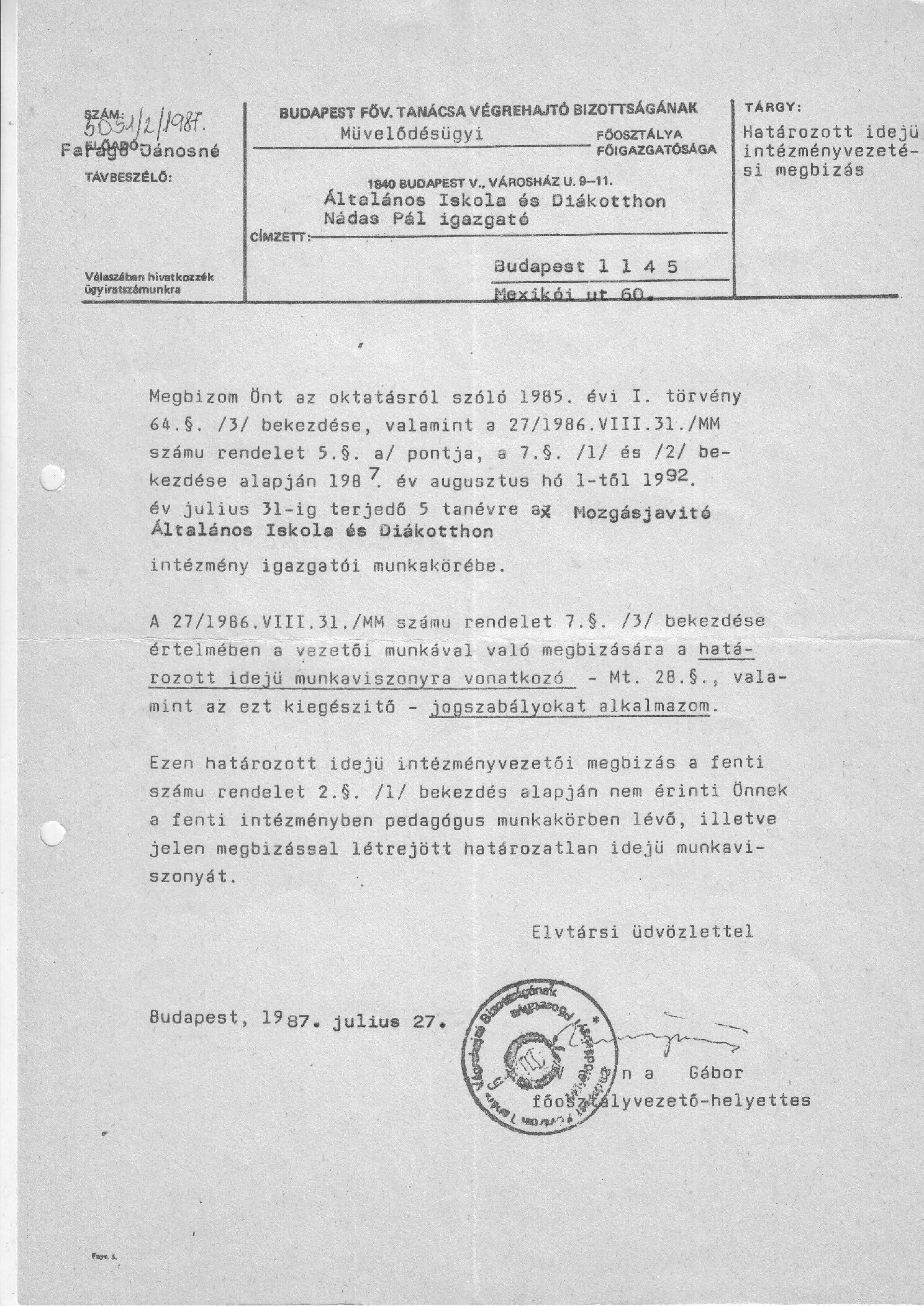 1987. 07. 27. Mozgasjavito intezenyvezetesi kinevezese borító