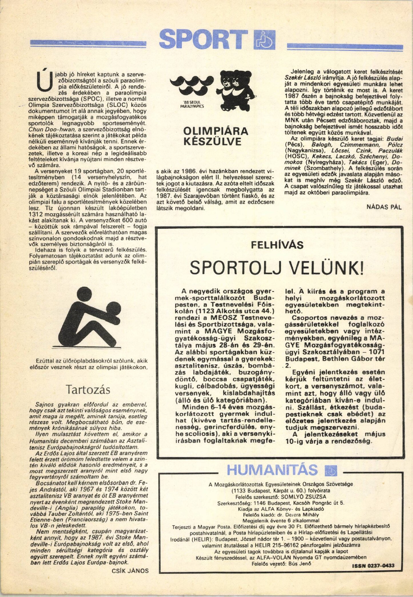 1988 Olimpiara keszulve. Humanitas MEOSZ borító