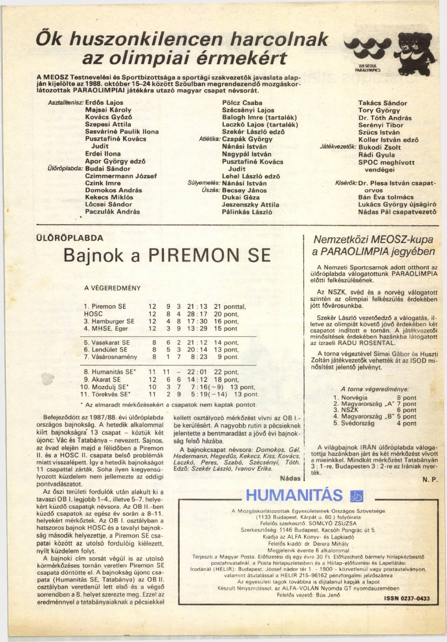 1988. 10. 01. Ok huszonkilencen. Bajnok a Piremon Humanitas Nadas Pal borító