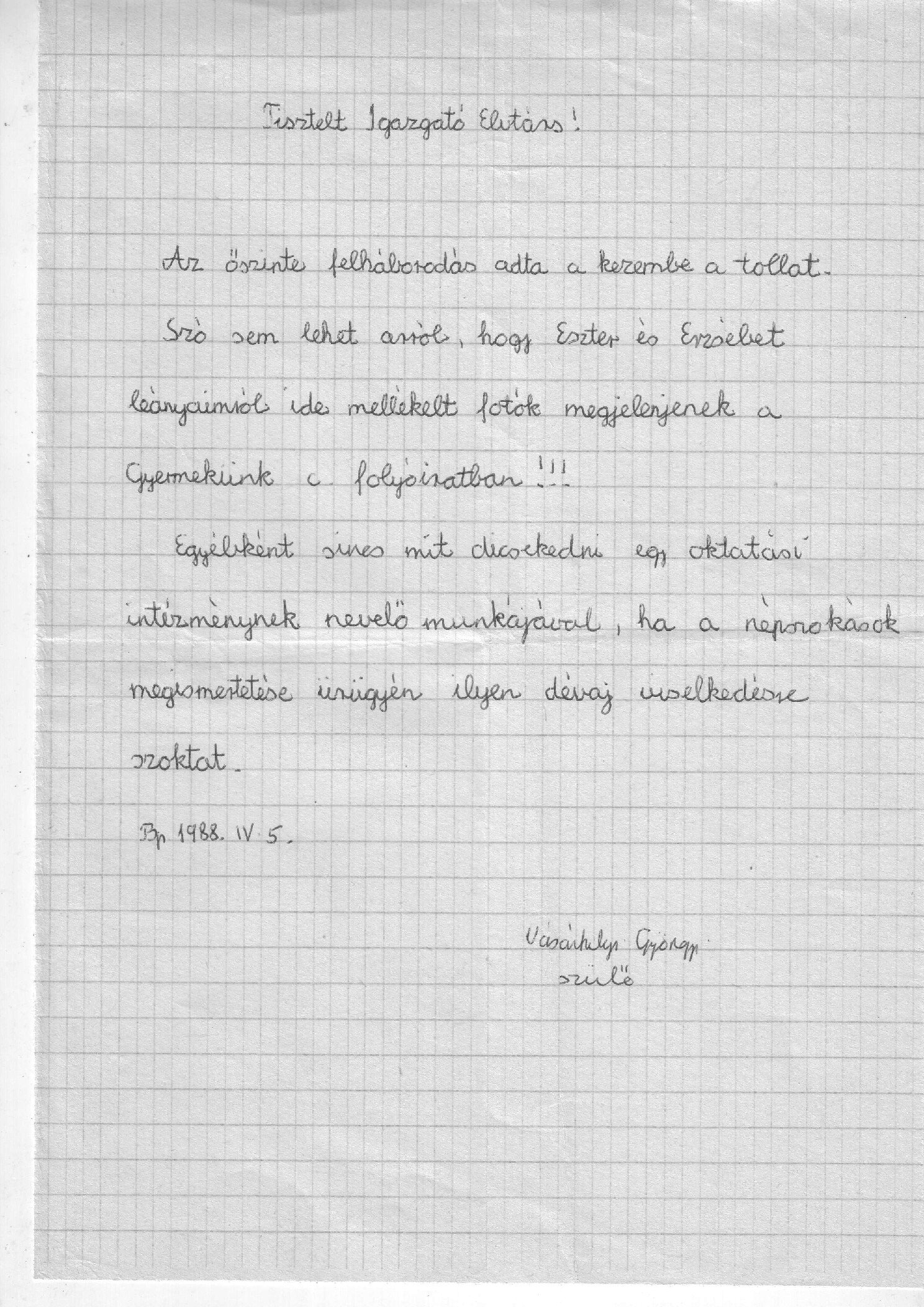 1988. Husvet elott. Irta Vasarhelyi Gyongyike borító