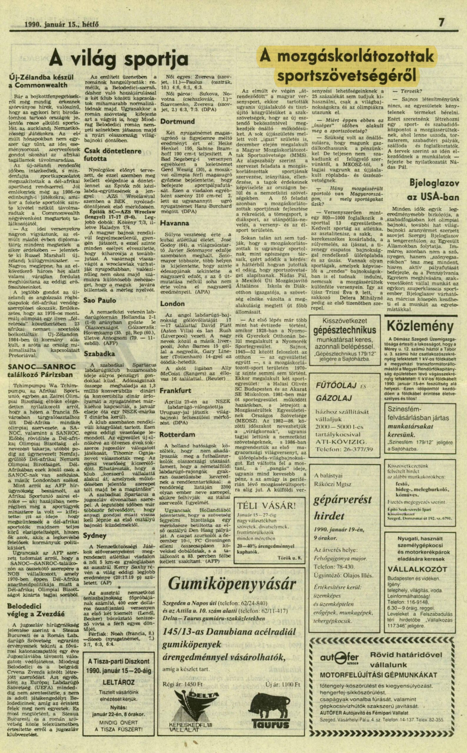 1990. 01.15. A mozgaskorlatozottak sportszovetsegerol. Delmagyarorszag borító
