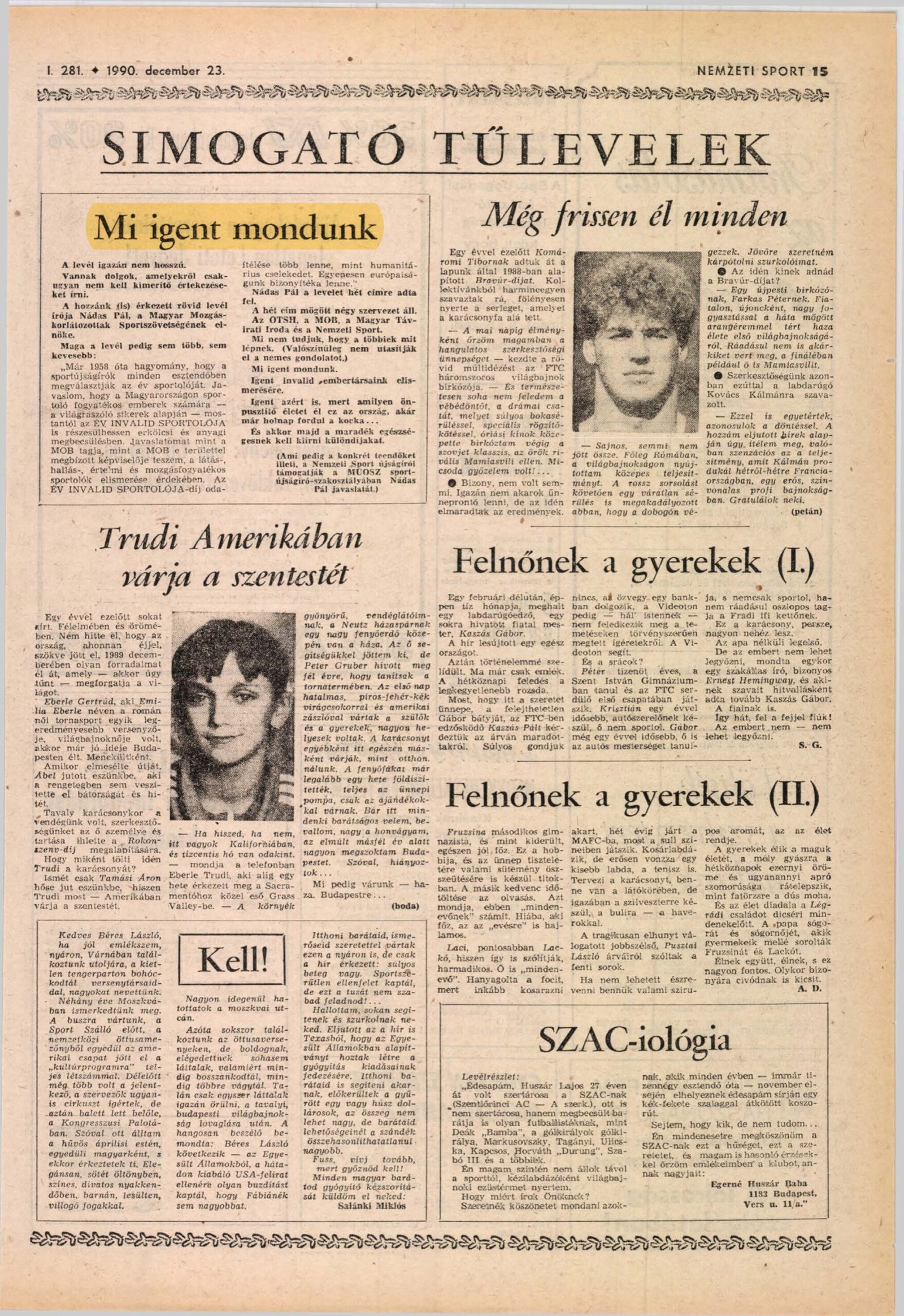 1990. 12. 23. Mi igent mondunk. NemzetiSport 15 borító