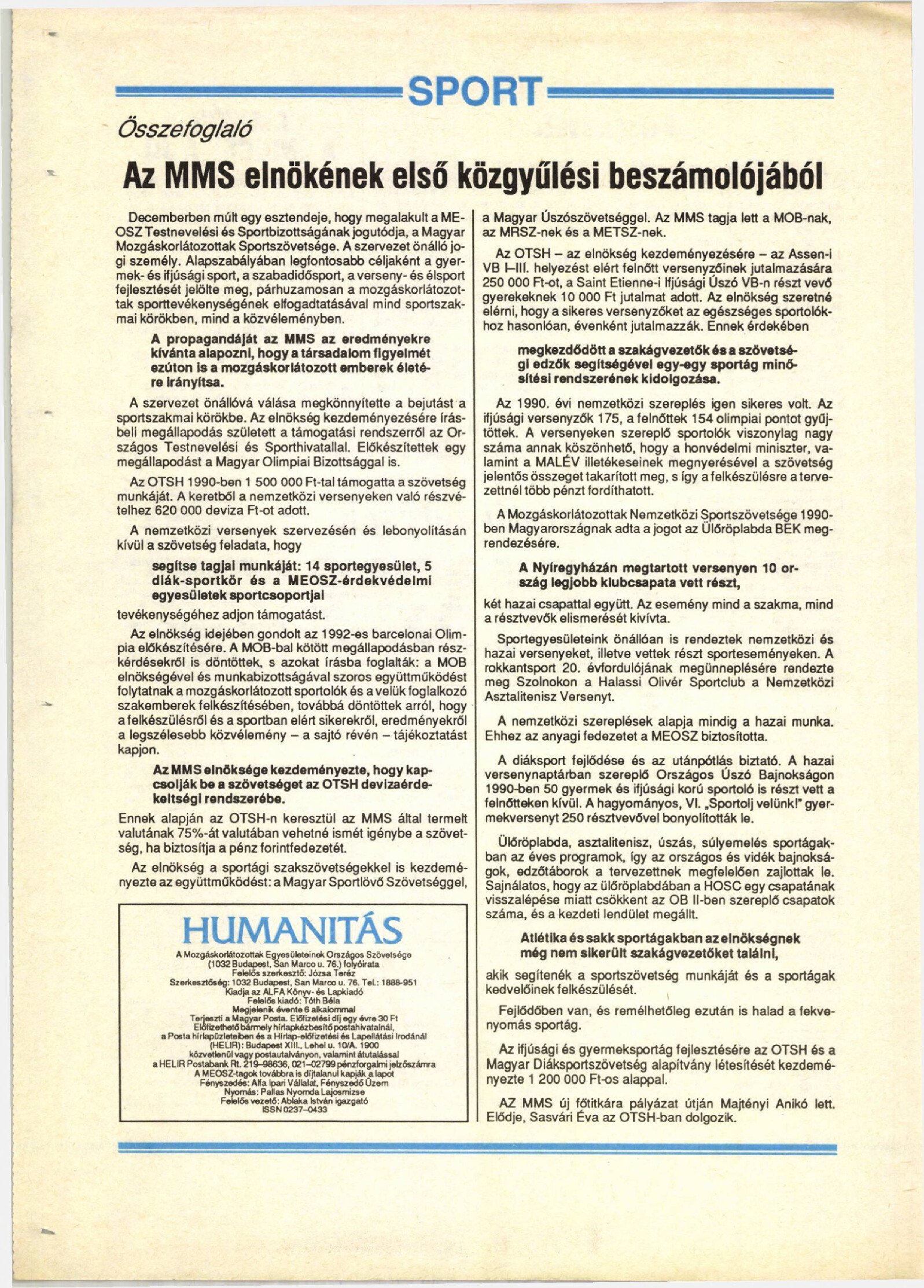 1991.02.01. MMS elnokenek elso kogyulesi beszamolojabol. Humanitas borító