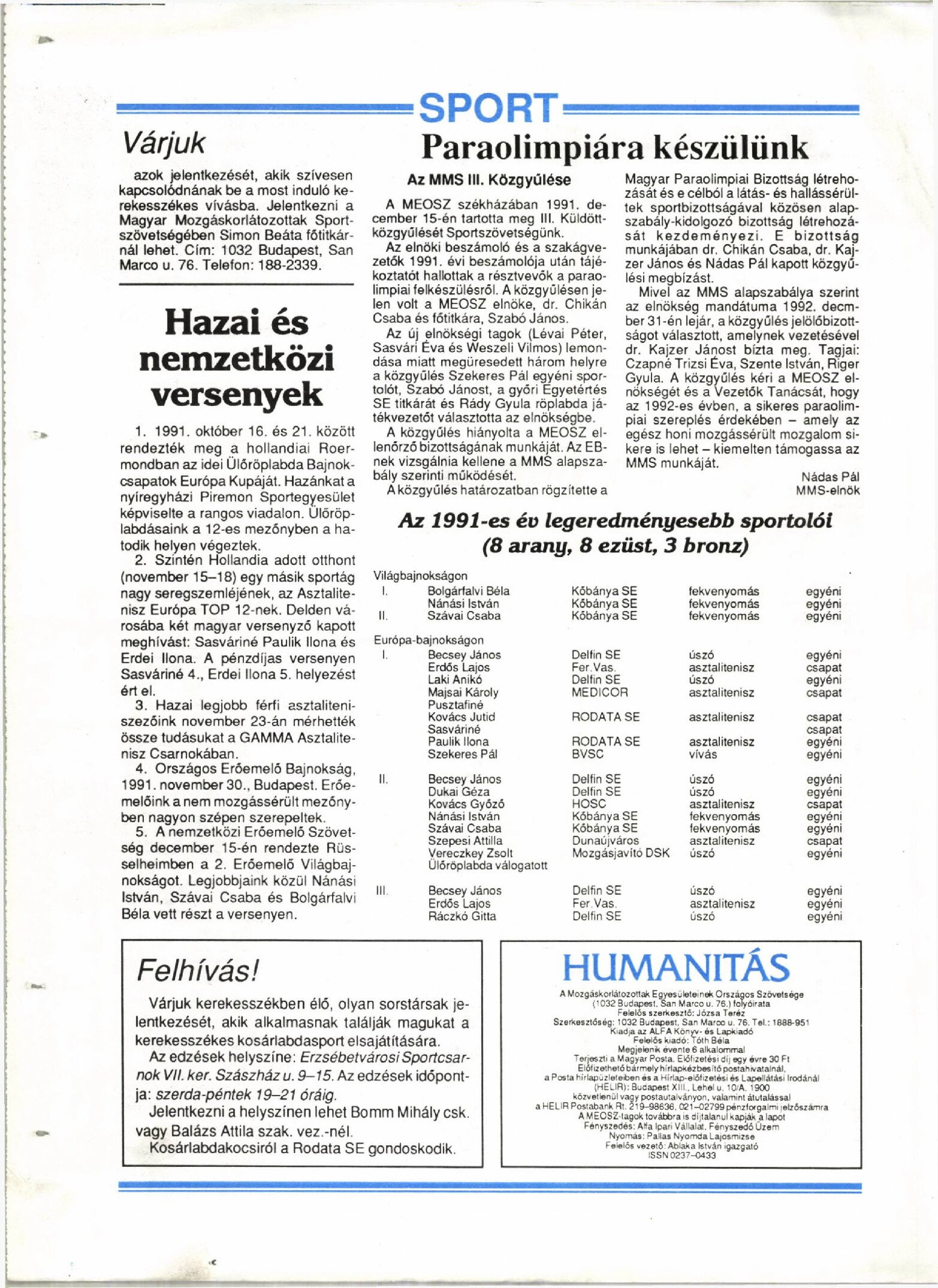 1992. 01. 01. Paraolimpiara keszulunk. Humanitas Nadas Pal borító