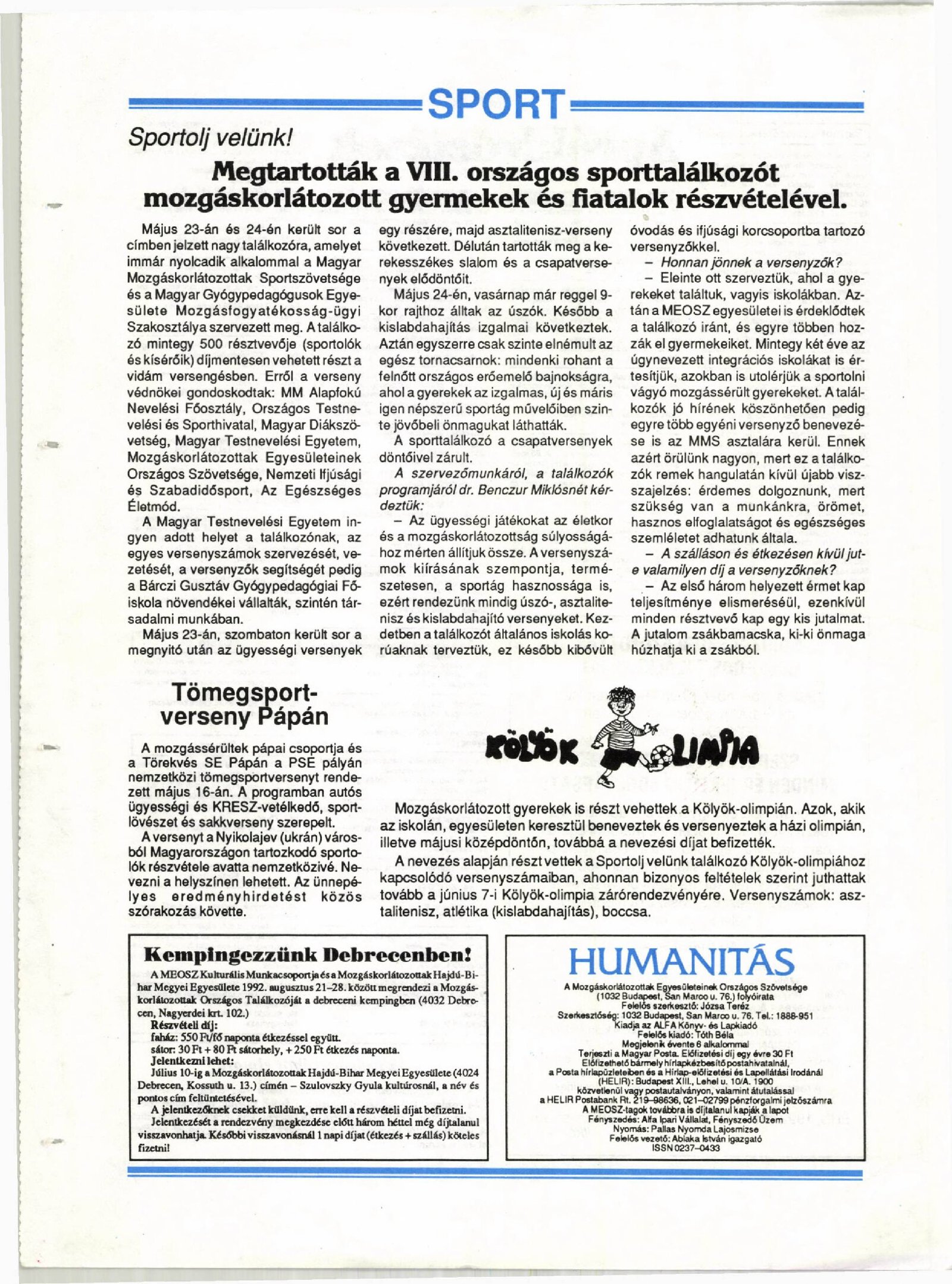 1992. 06. 01. Megtartottak a VIII. orszagos sporttalalkozot. Humanitas borító
