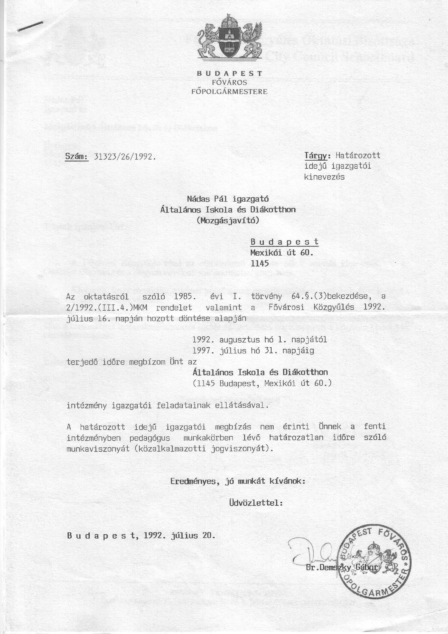 1992. 07. 20. Hatarozott ideju igazgatoi kinevezes borító