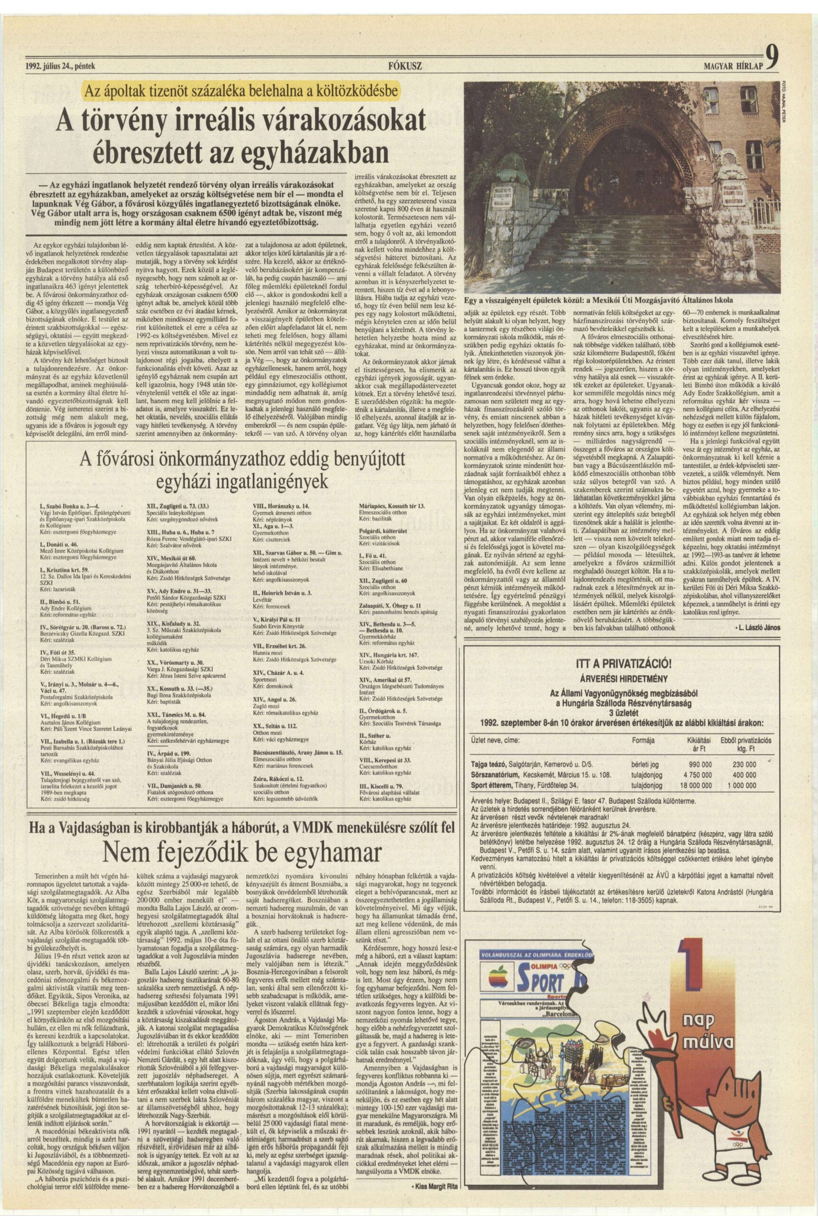 1992. 07.24. A torveny irrealis varakozasokat ebresztett az egyhazakban. MagyarHirlap L. Laszlo Janos borító