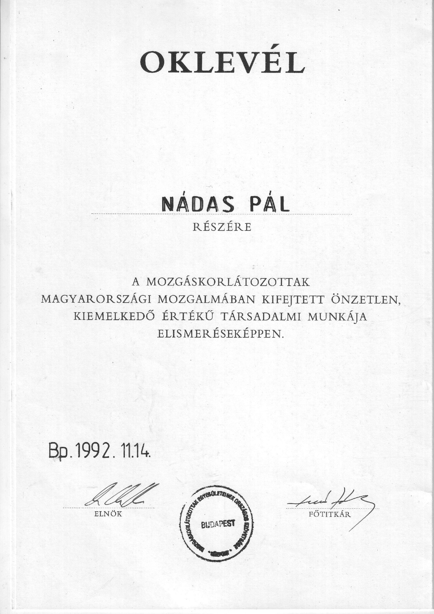 1992. MEOSZ elnok elismero oklevele borító