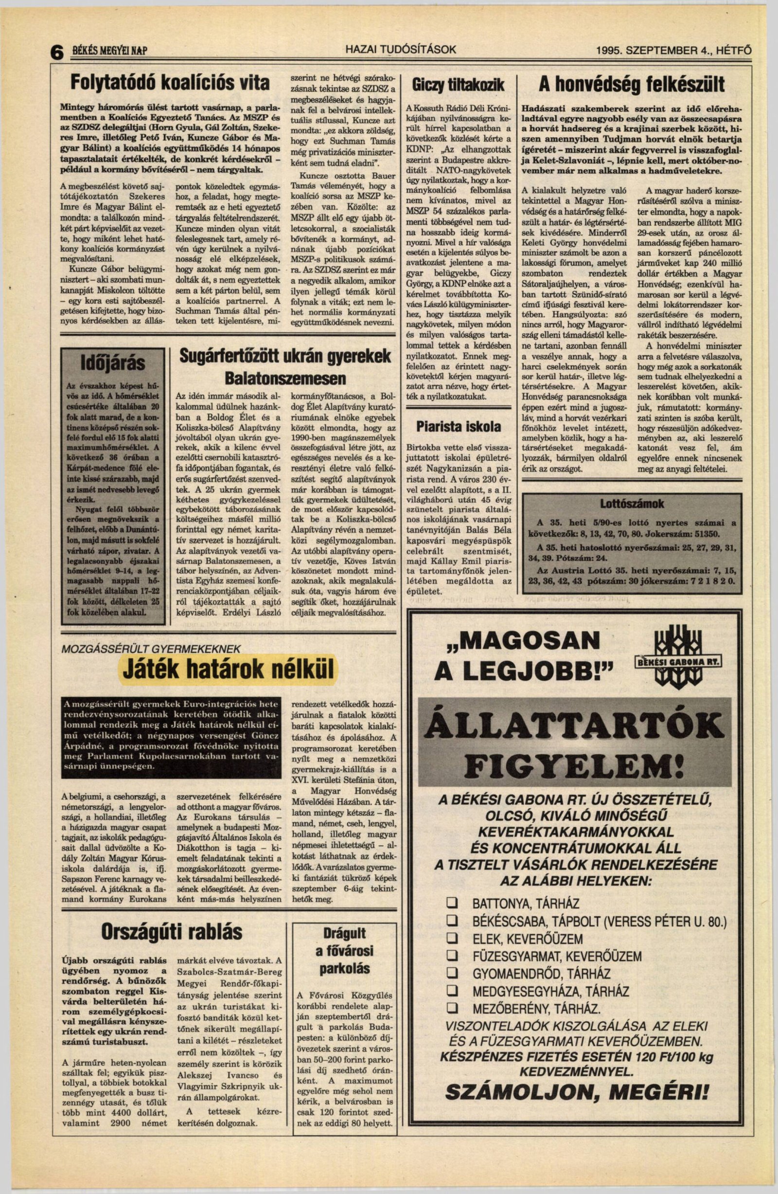 1995. 09. 04 Jatek hatarok nelkul. Bekes Megyei Nap borító