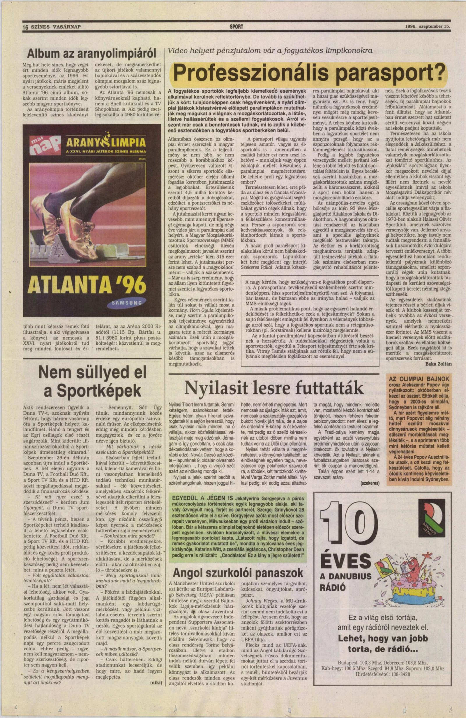 1996. 09.15. Professzionalis parasport. SzinesVasarnap Baka Zoltan borító