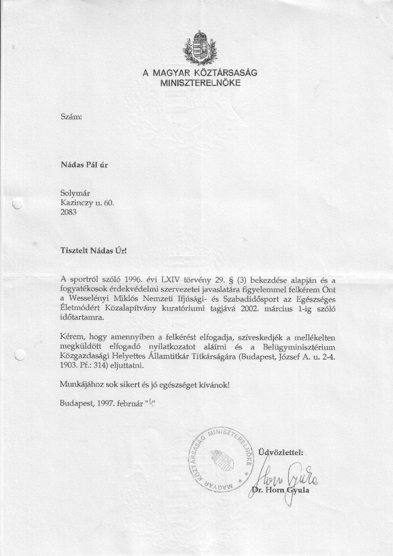 1997. 02. 04. Megbizolevel kozalapitvanyi kuratorimi tagsagra borító