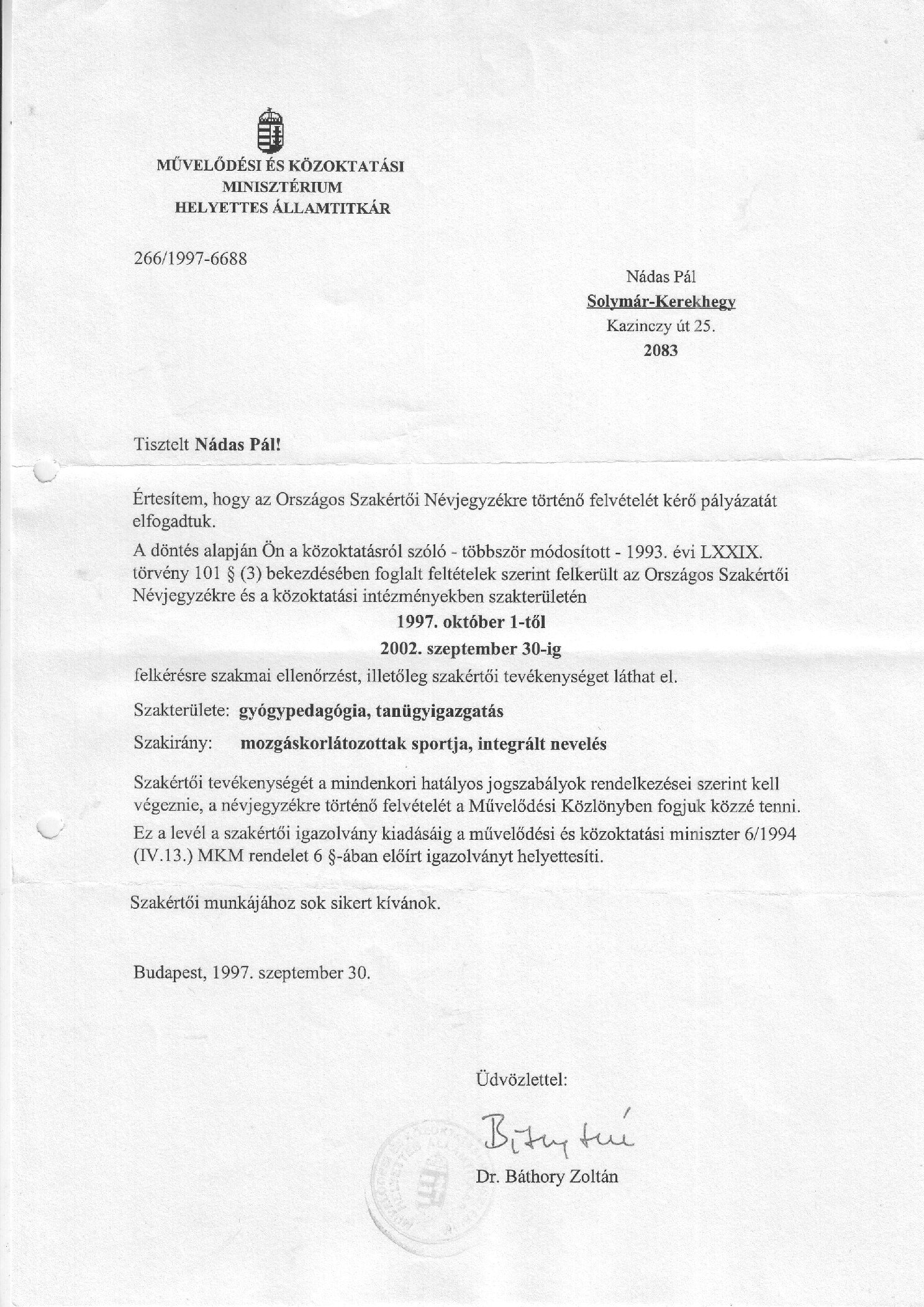 1997. 09. 30. Szakertoi nevgyegyzekbe vetel borító