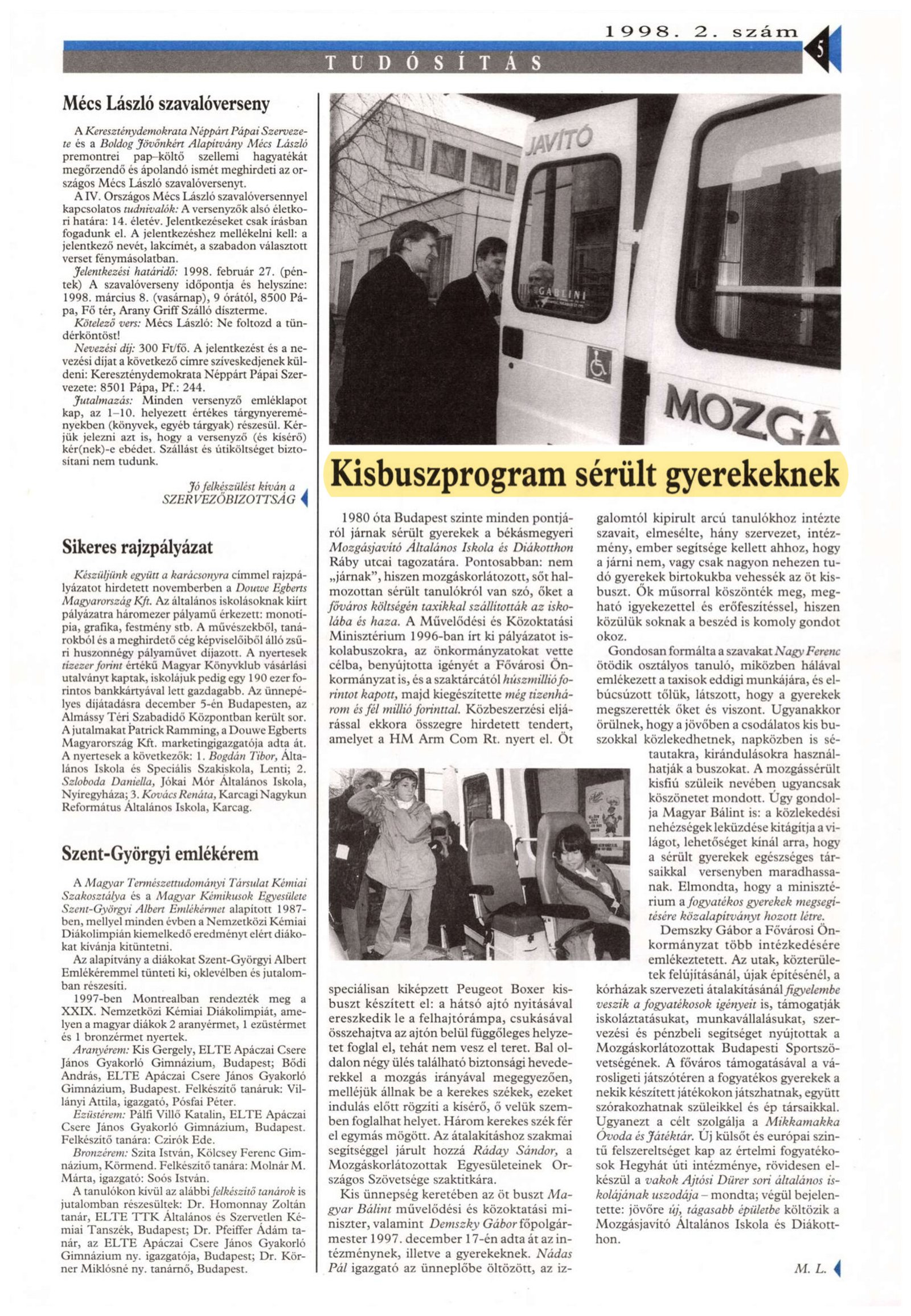 1998. 01.16. Kisbuszprogram serult gyerekeknek. Kozneveles M.L borító