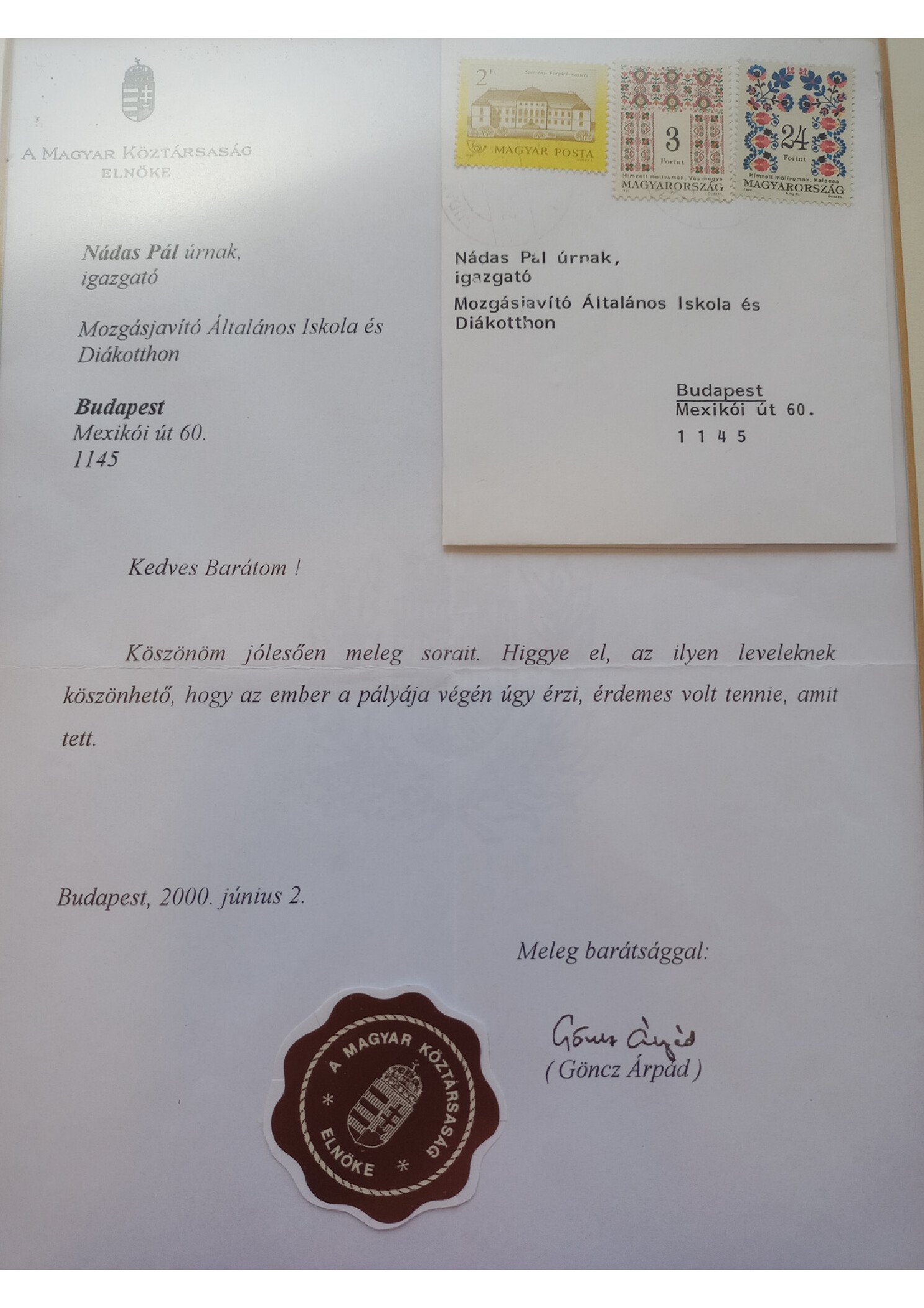 2000. 06. 02. Goncz Arpad valaszlevele borító