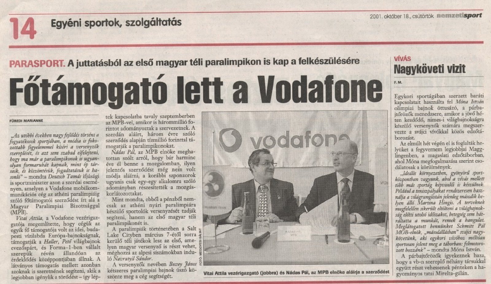 2001. 10. 18. Fotamogato lett a Vodafone. NemzetiSport 14.p borító