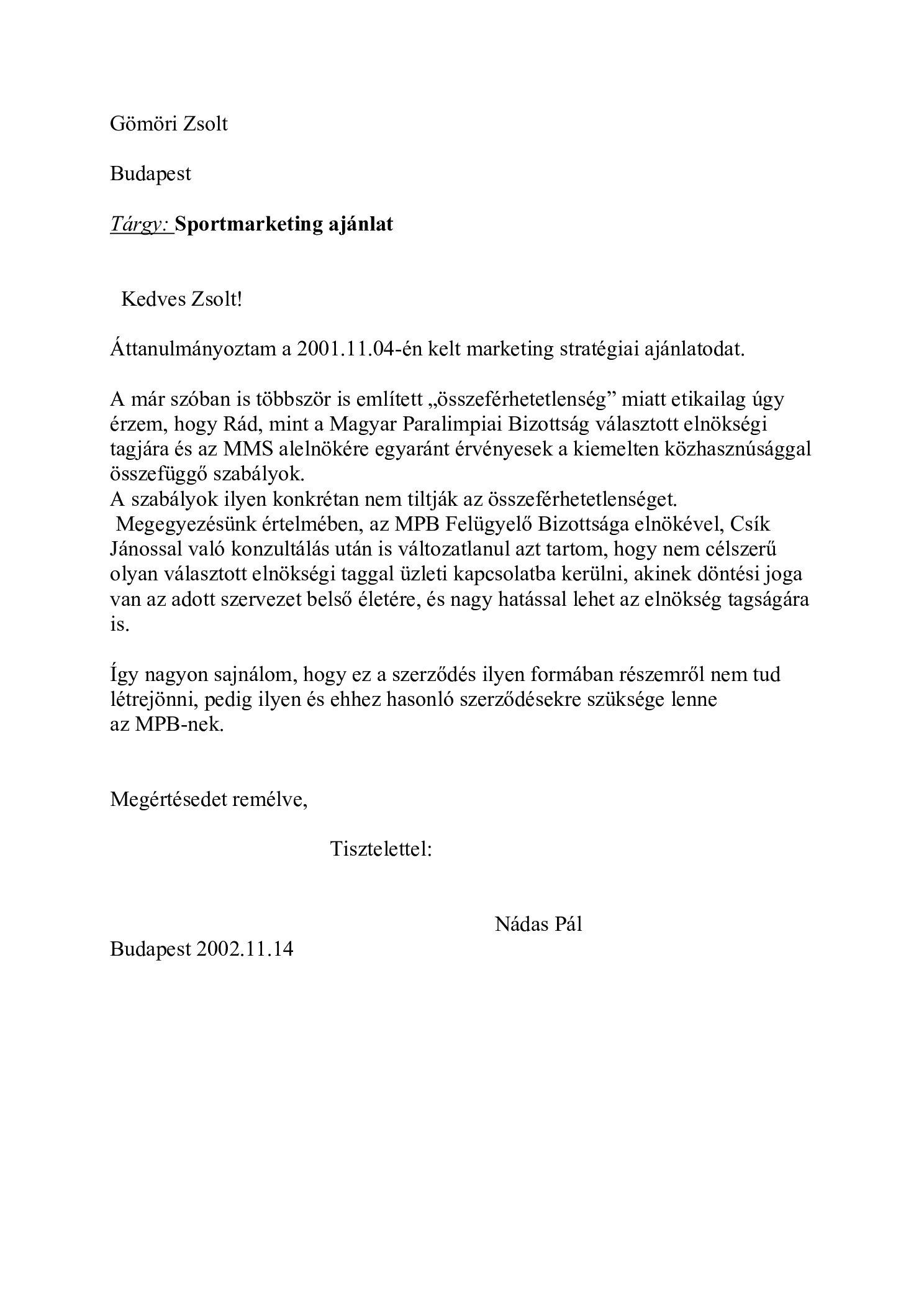 2002.11. 14. Gomori Zsolt marketing ajanlatara valaszlevel borító