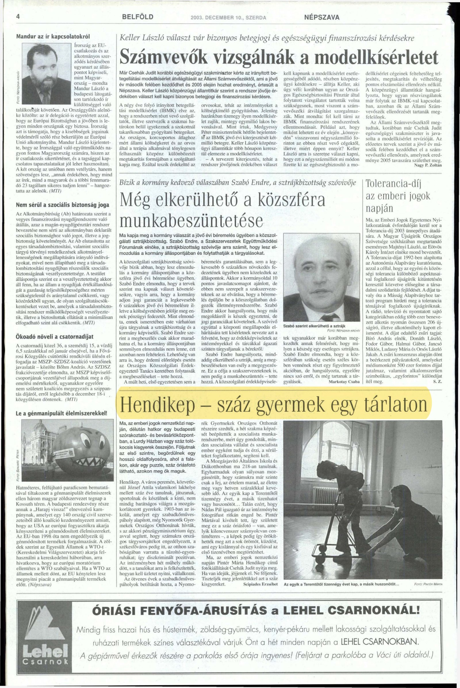 2003 12 10 Hendikep szaz gyermek egy tarlaton Nepszava 2003 borító