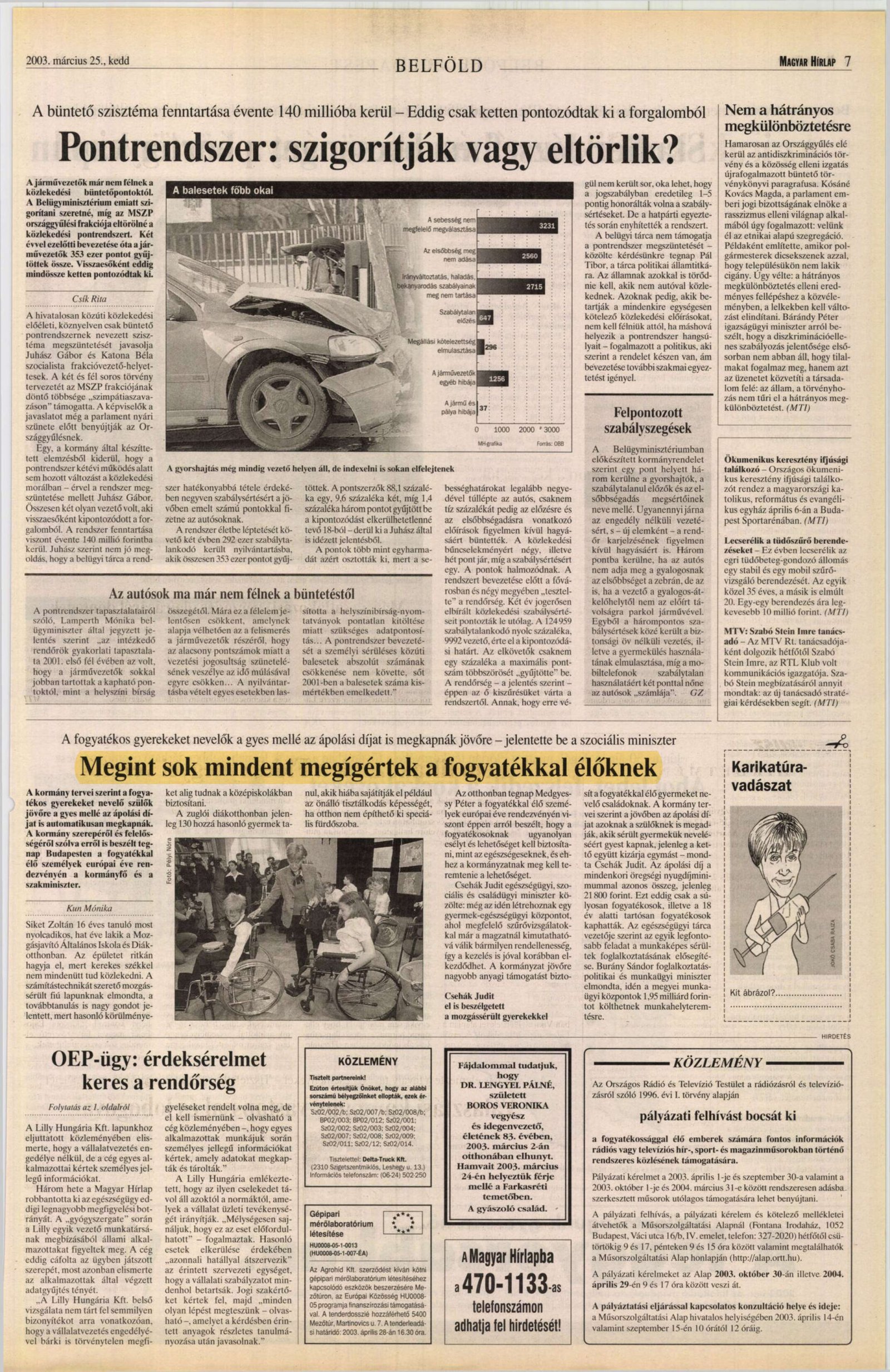 2003. 03. 25. Megint sok mindent megigertek a fogyatekkal eloknek. MagyarHirlap 7.p. Kun Monika borító