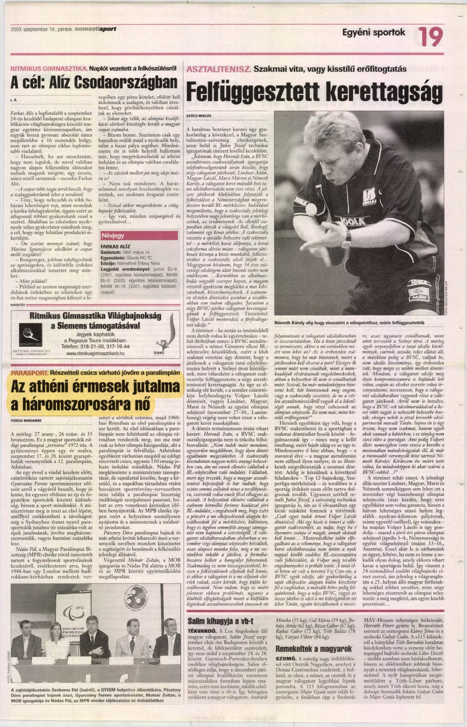 2003. 09. 19. Az atheni ermesek jutalma.NemzetiSport 19.p borító