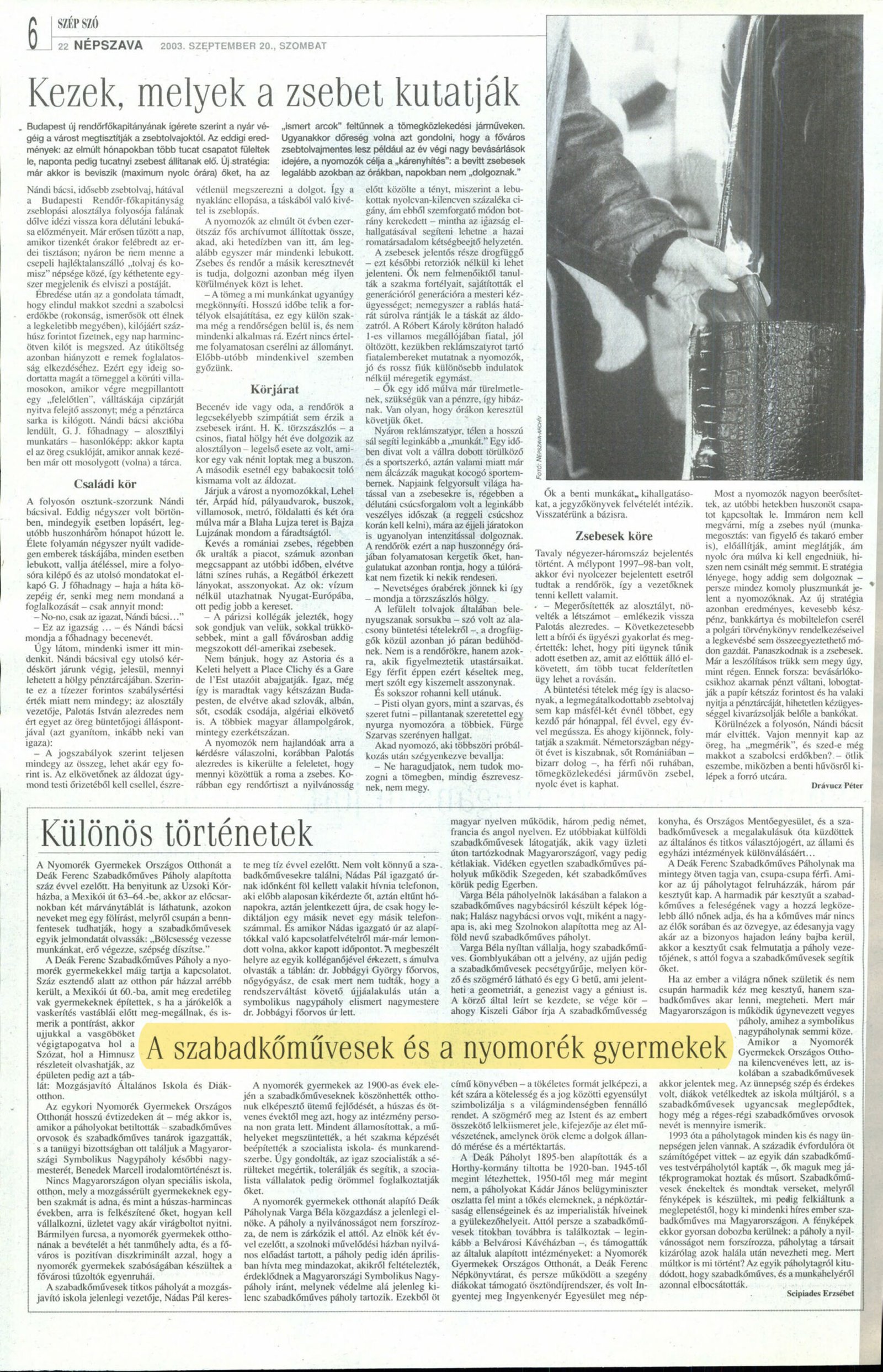 2003. 09. 20. A szabadkomuvesek es a nyomorek gyermekek. Nepszava Scipiadesz Erzsebet borító