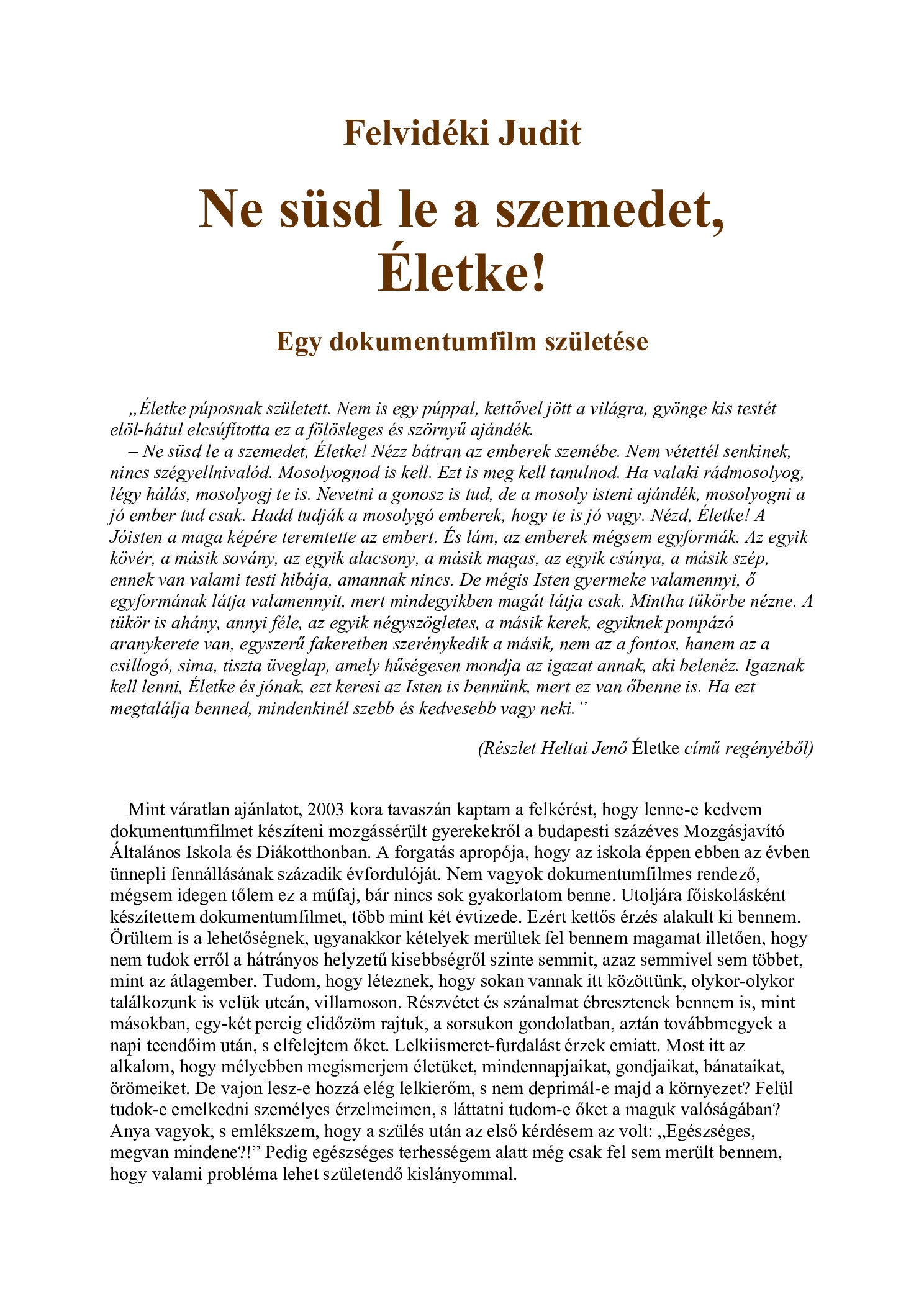 2004. Egy dokumentumfilm szuletese. Felvideki Judit. Eletke borító