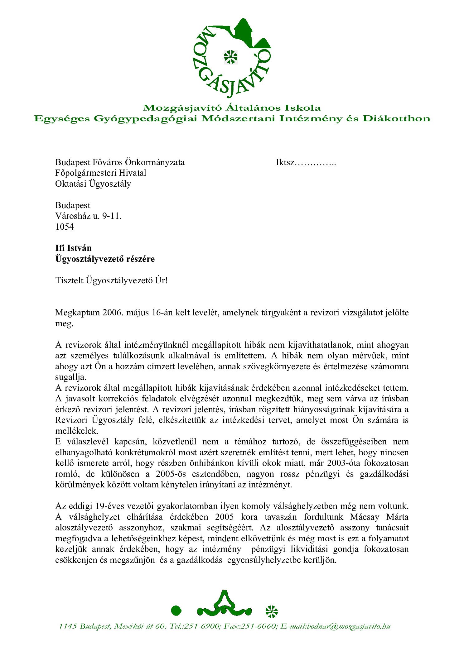2005. 05. 28. Ifi Istvan reszere valaszlevel. Oktatasi Ugyosztaly szamara borító