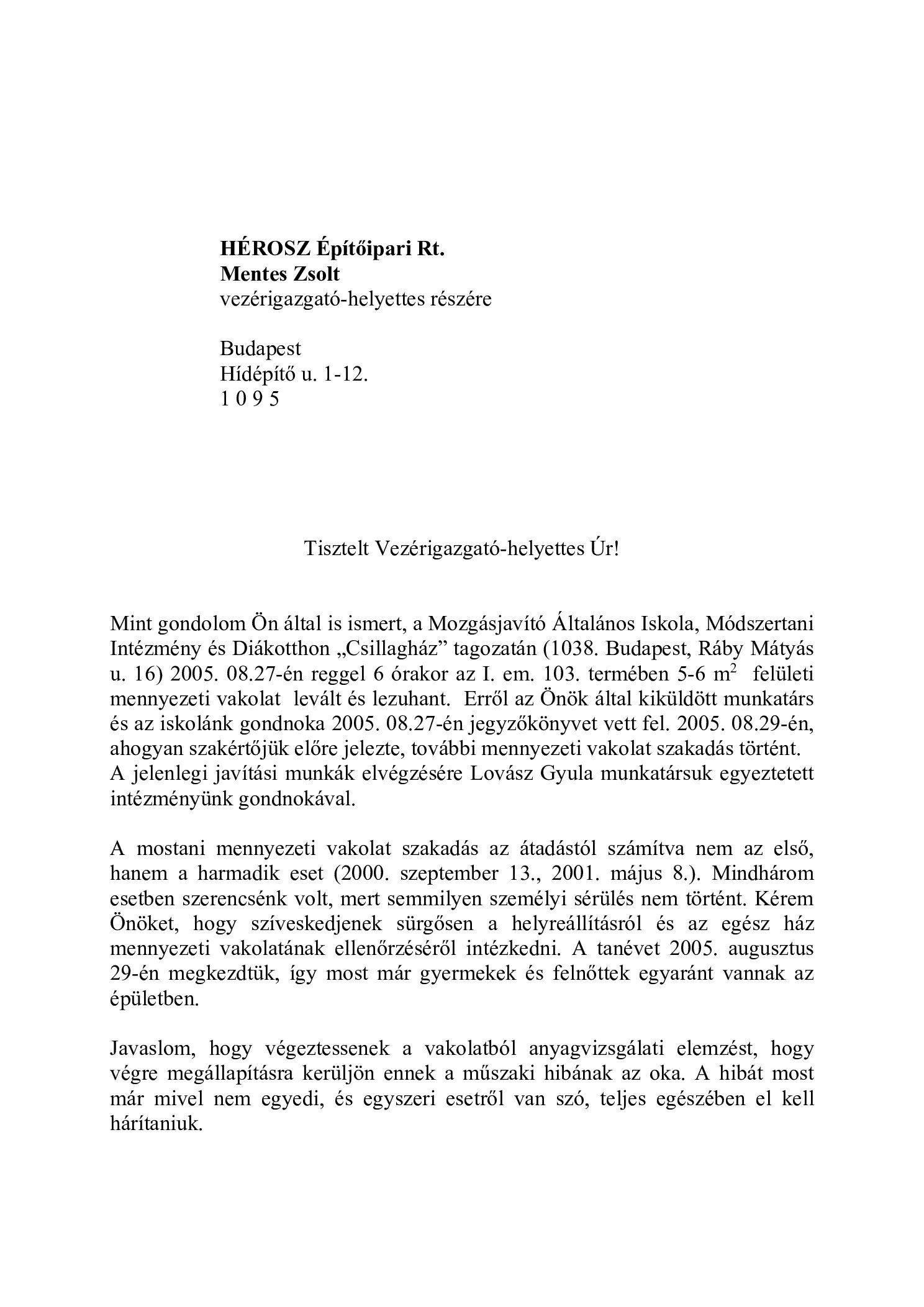 2005. 08. 29. HEROSZ Epitoipari Rt. level borító