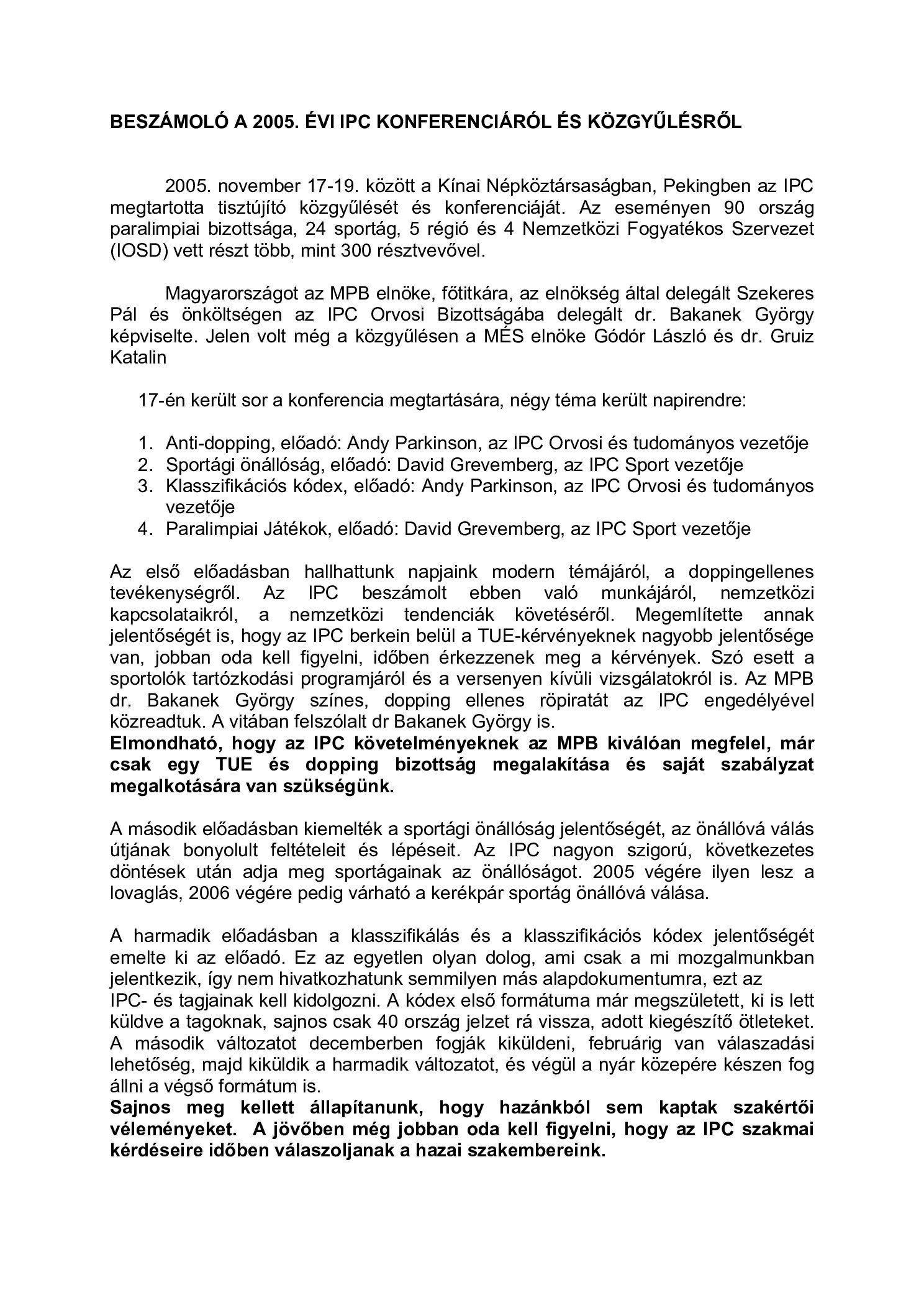 2005.11. 23. BESZAMOLO A 2005. EVI IPC KONFERENCIAROL ES KOZGYULESROL Peking borító