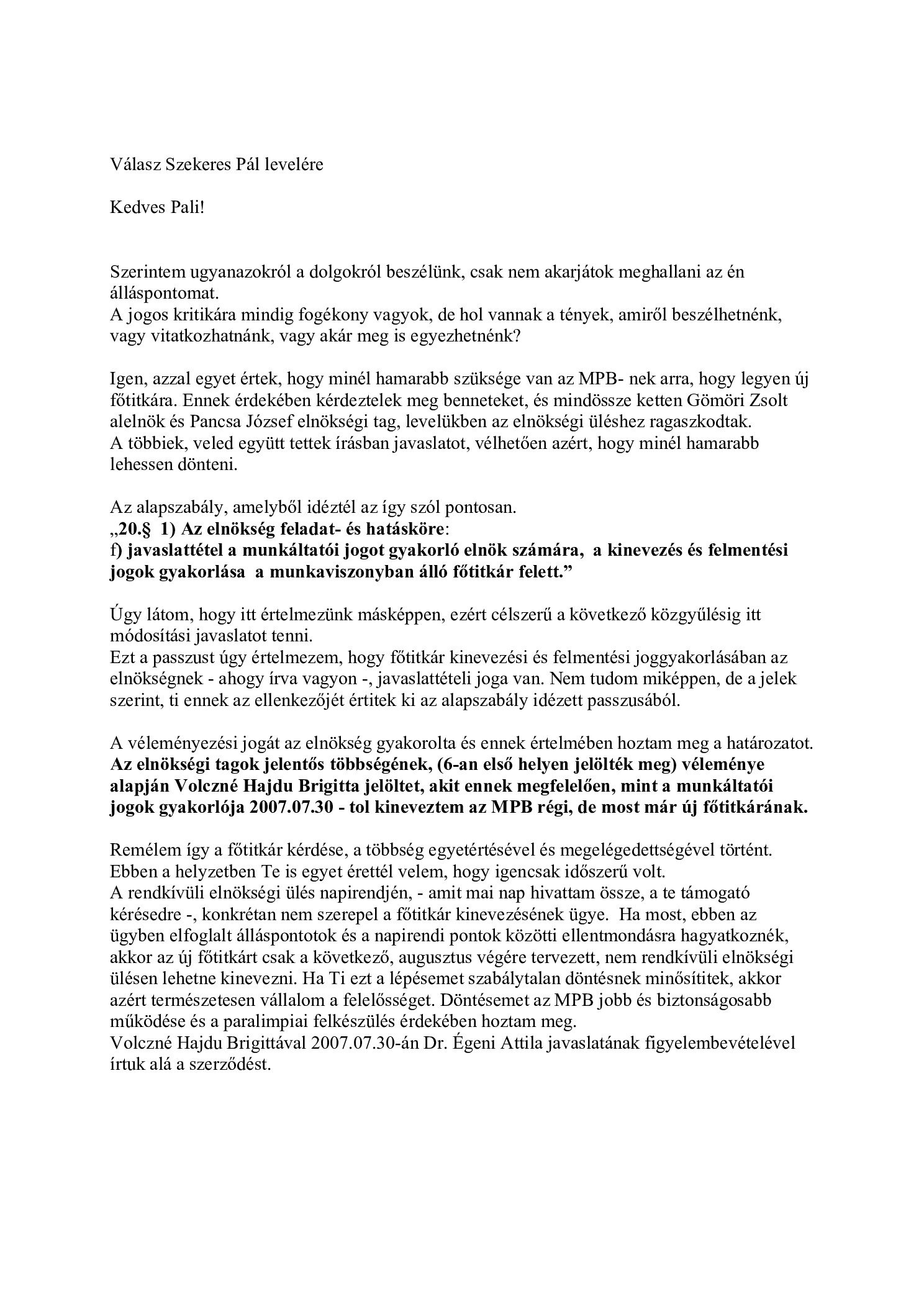 2007 07 31 Valaszlevel Szekeres Pal reszere a klinikai halalomat kovetoen a soproni szianatoriumbol borító