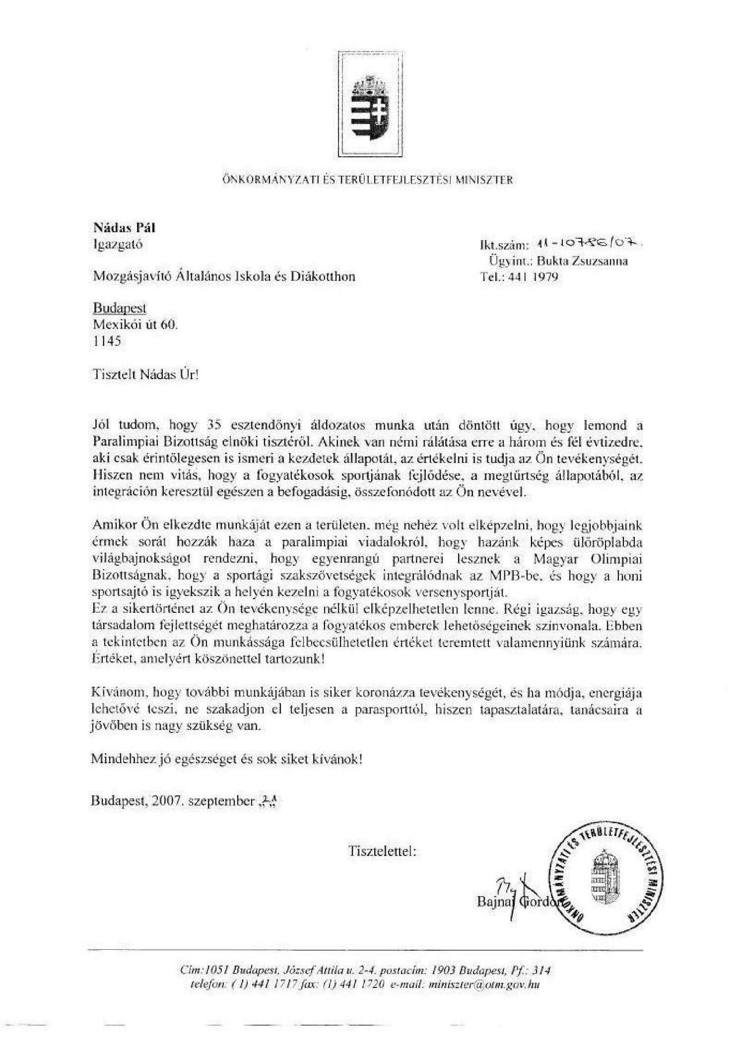 2007. 09. 21. Bajnai Gordon miniszter meltato levele borító