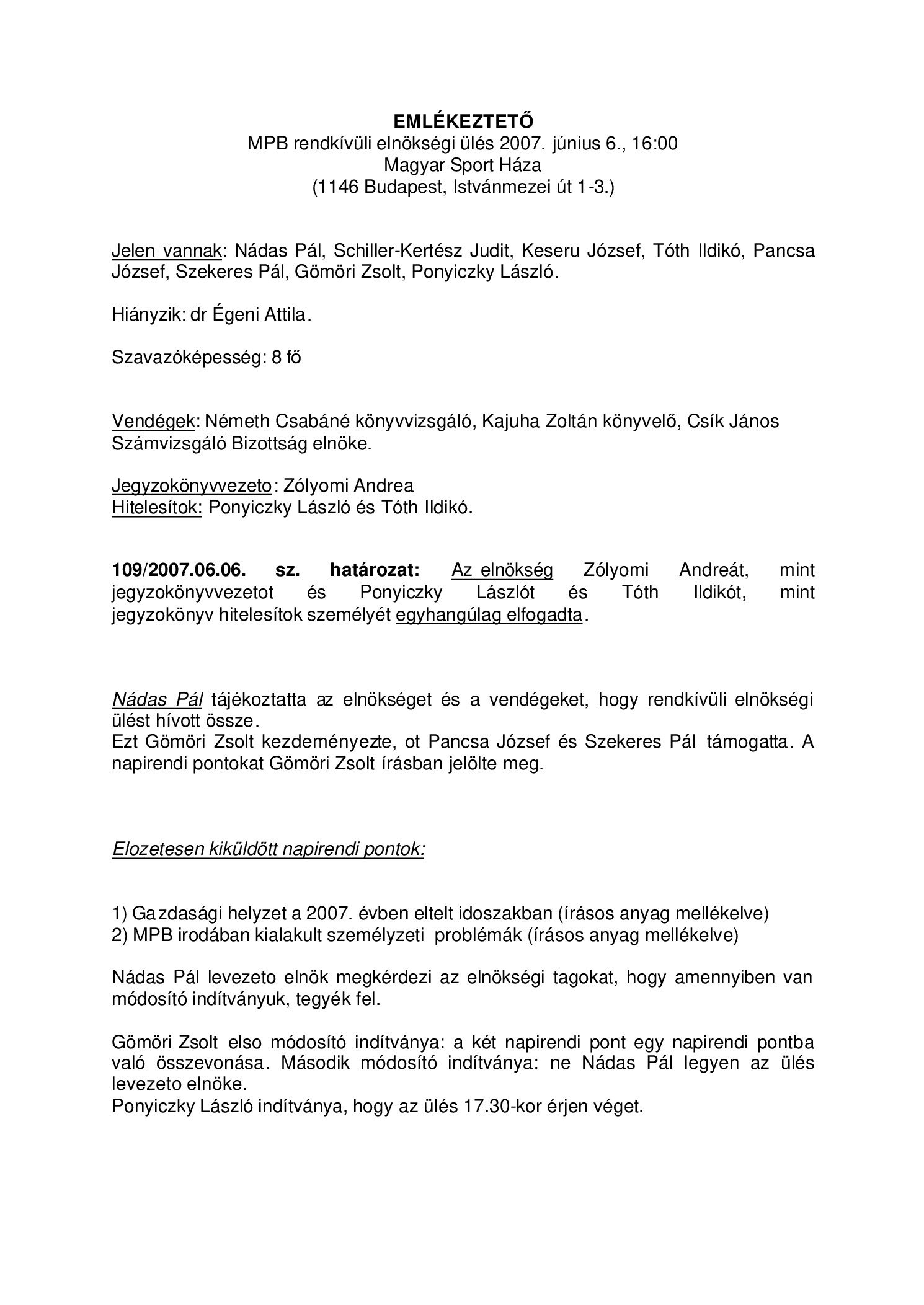 2007. Az MPB rendkivuli kozgyulesenek emlekeztetoje borító