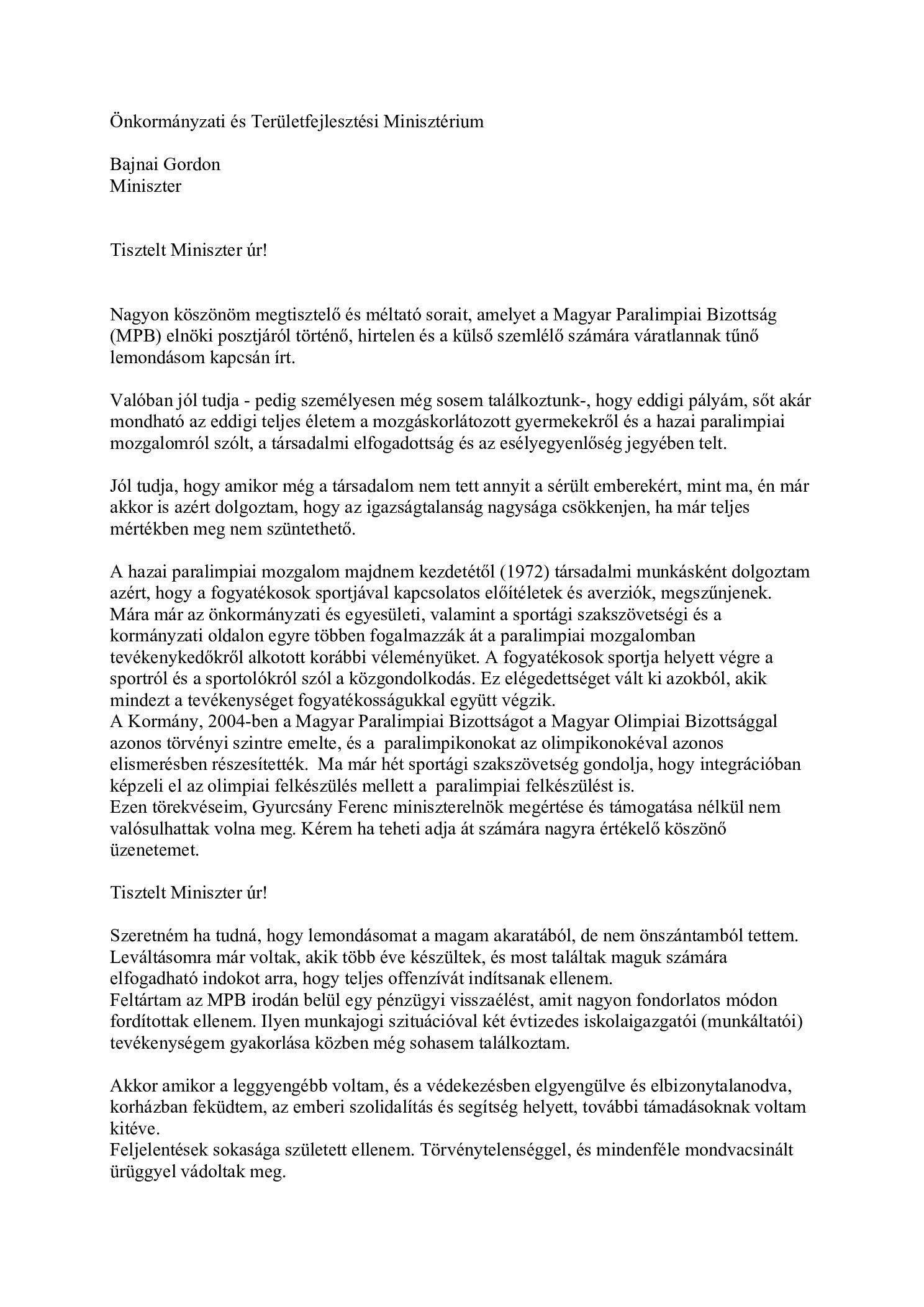2007.10. 08. Bajnai Gordonnak valaszlevel az MPB elnoki posztrol tortent lemondasomat kovetoen borító