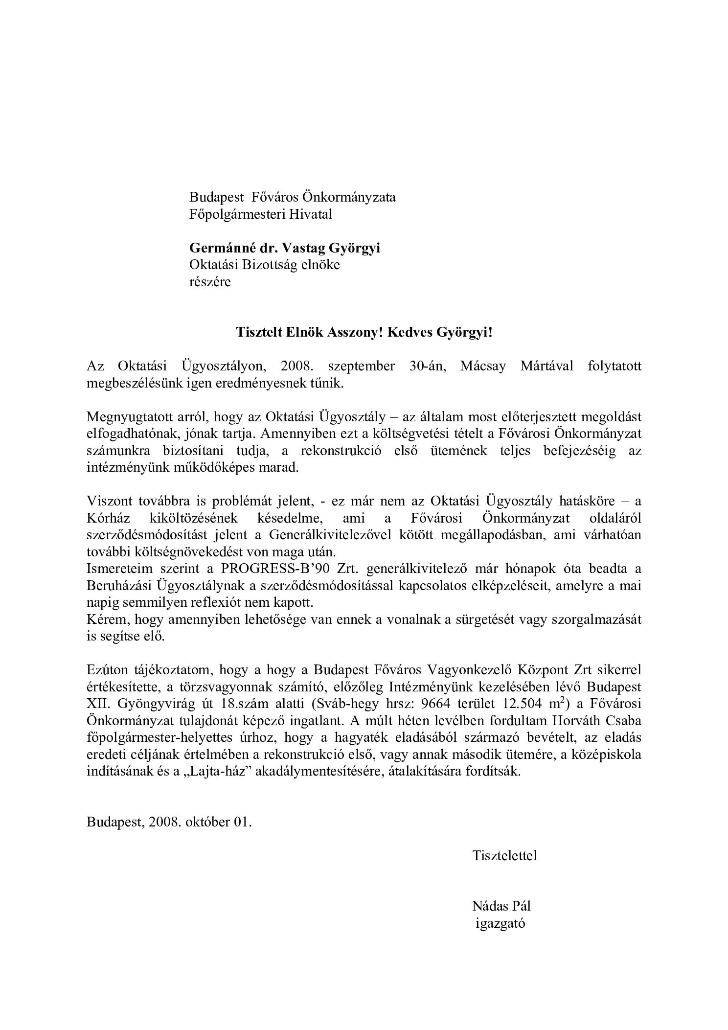 2008. 10. 01. Oktatasi Bizottsag Germanne dr. Vastag Gyorgyi elnok reszere borító