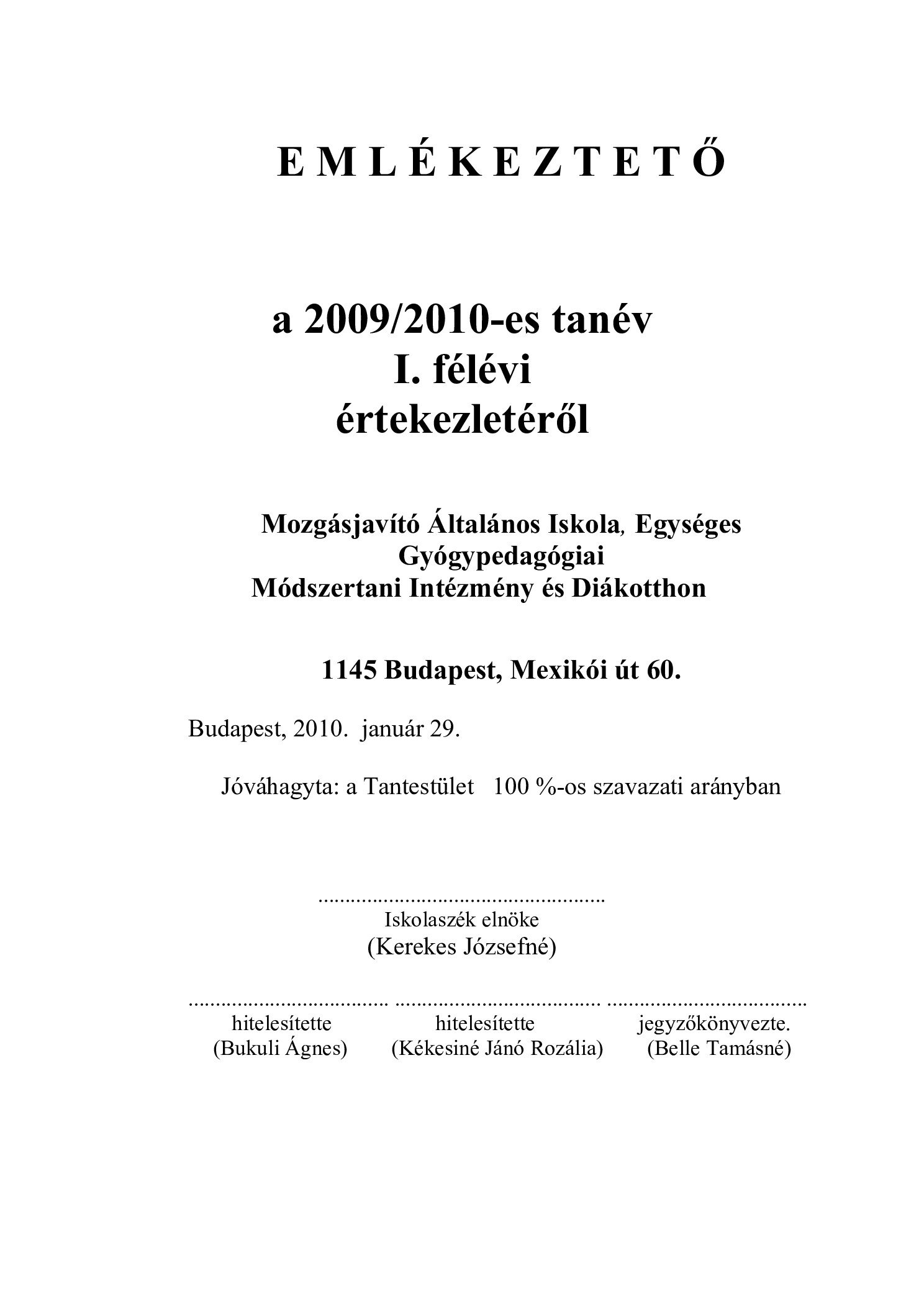 2010. A 2009 2010 tanev felevi ertekezletenek emlekeztetoje borító