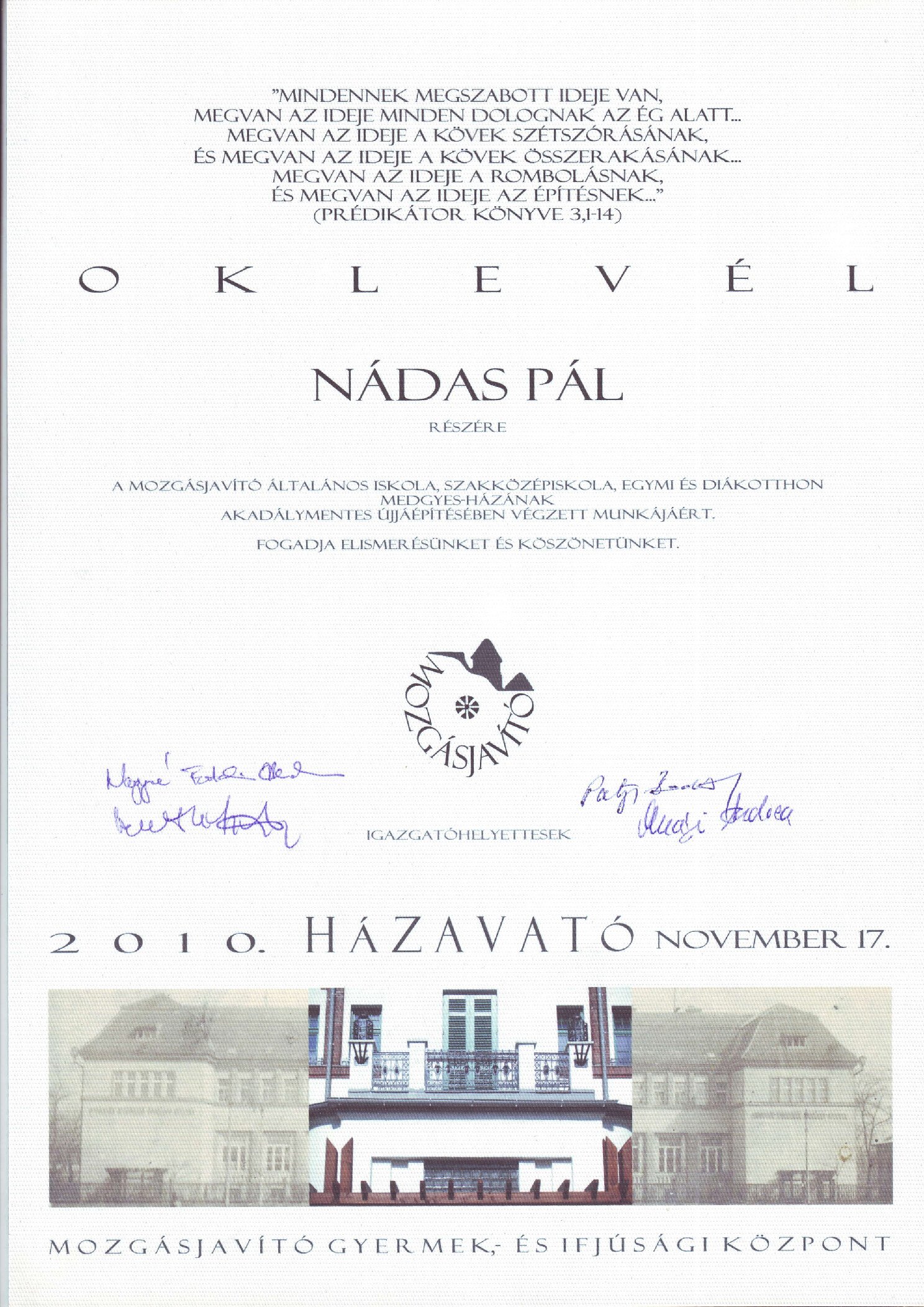 2010. Oklevel az Igazgatohelyettesektol borító
