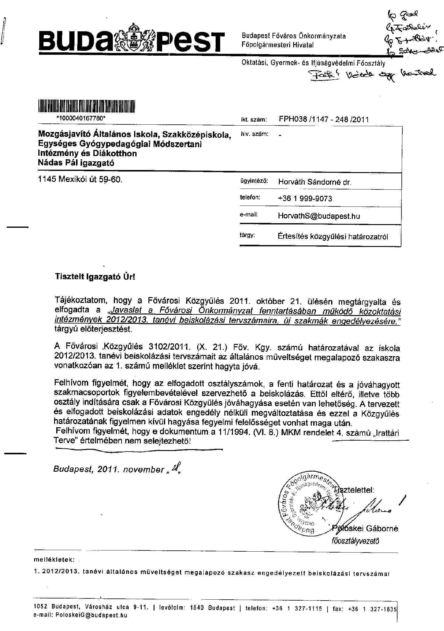 2011. Ertesites a Fovarosi Kozgyules hatarozatrol borító