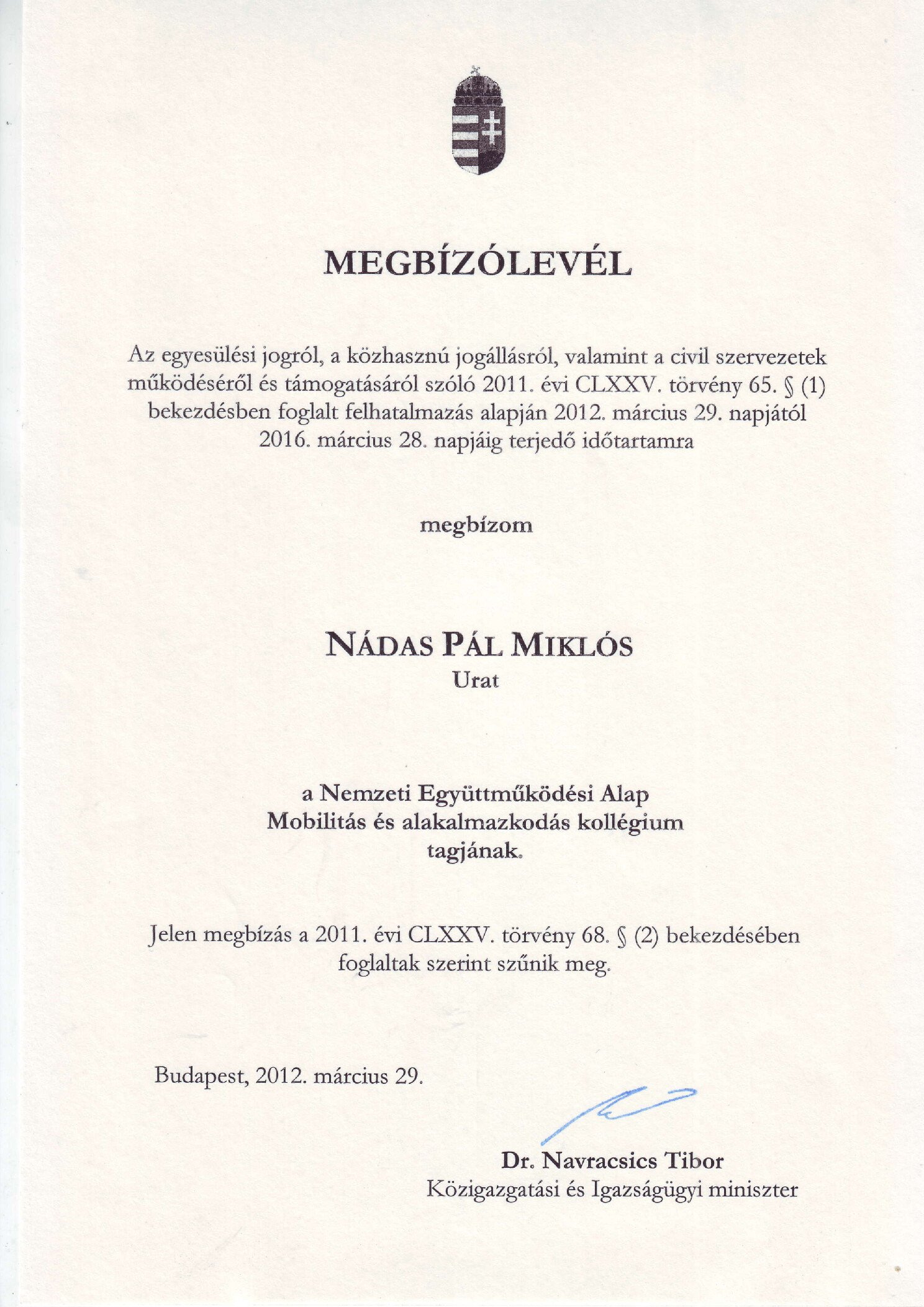 2012. 03. 29 Megbizolevel a Nemzeti Egyuttmukodesi Alap kuratoriumaba borító