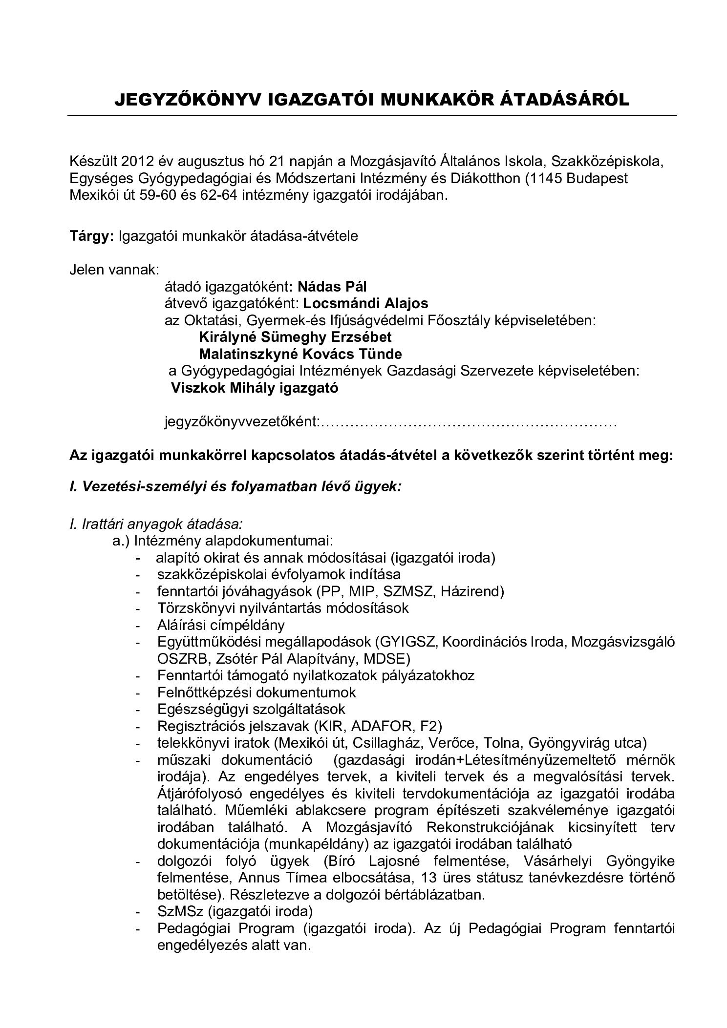 2012. Jegyzokonyv igazgatoi atadas atvetelrol borító