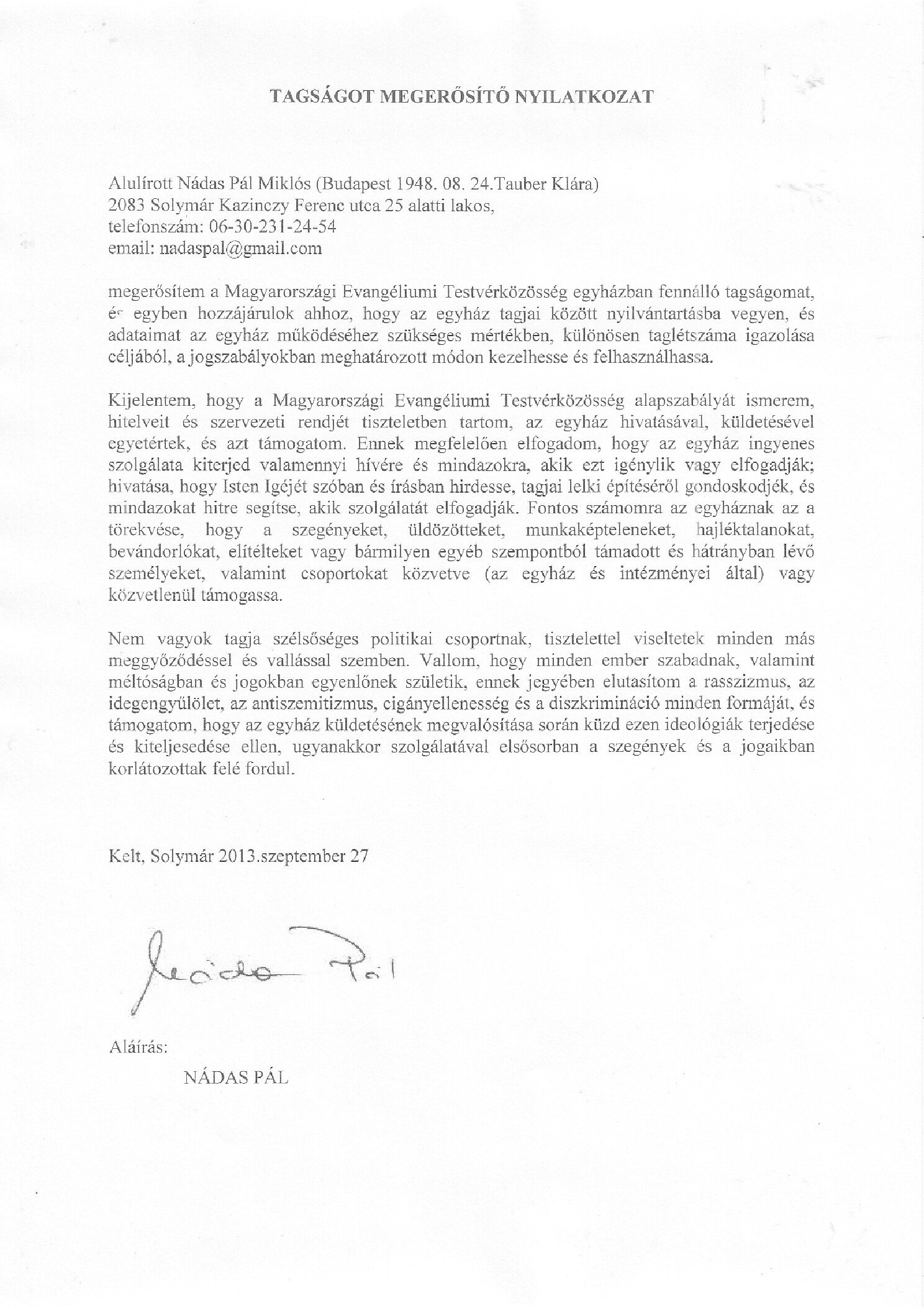 2013. Evangelikus Testverek. Tagsagot megerosito nyilatkozat borító