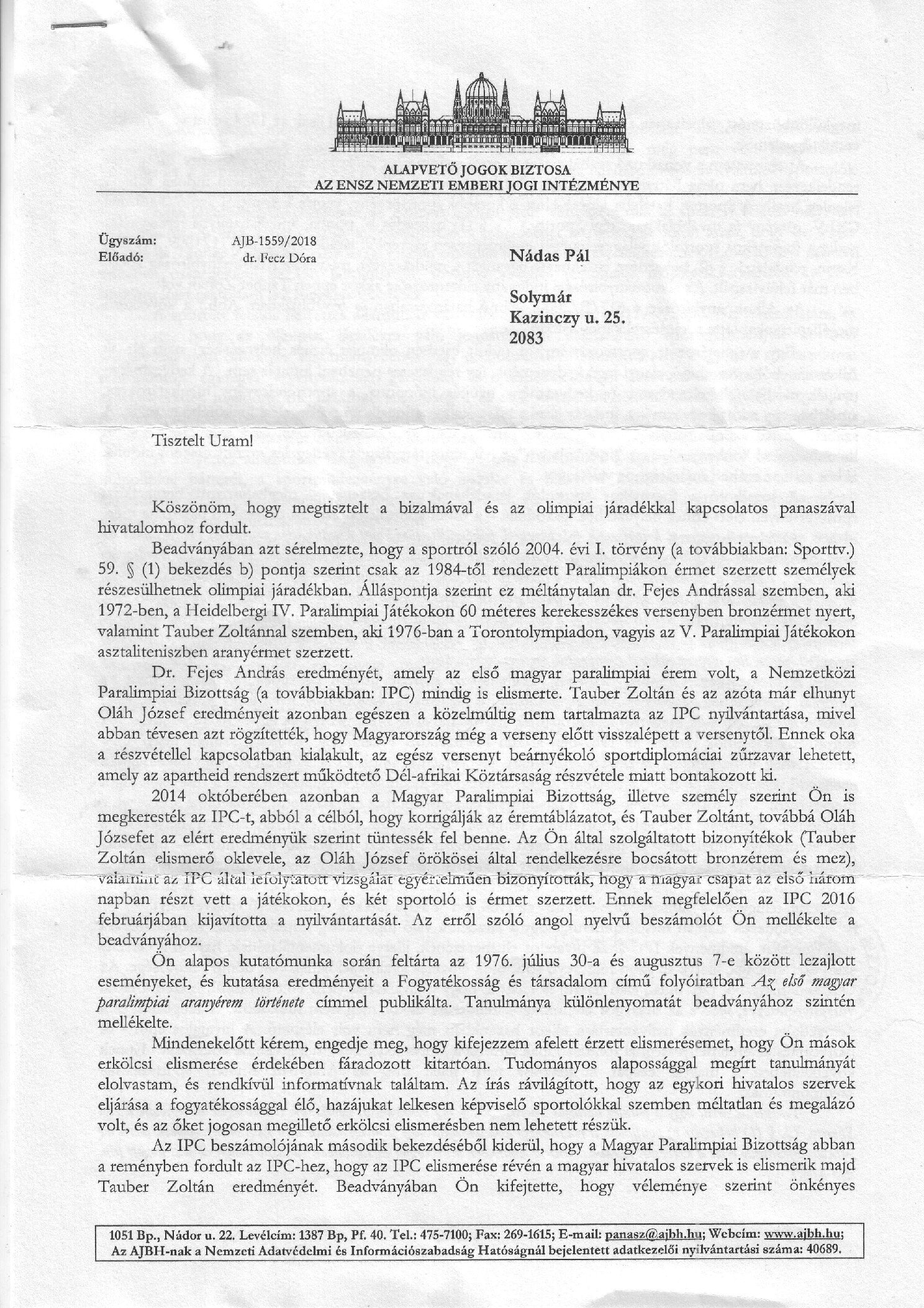 2018. 08. 13. Valaszlevel az Alapveto Jogok Biztosatol Tauber ugyeben borító