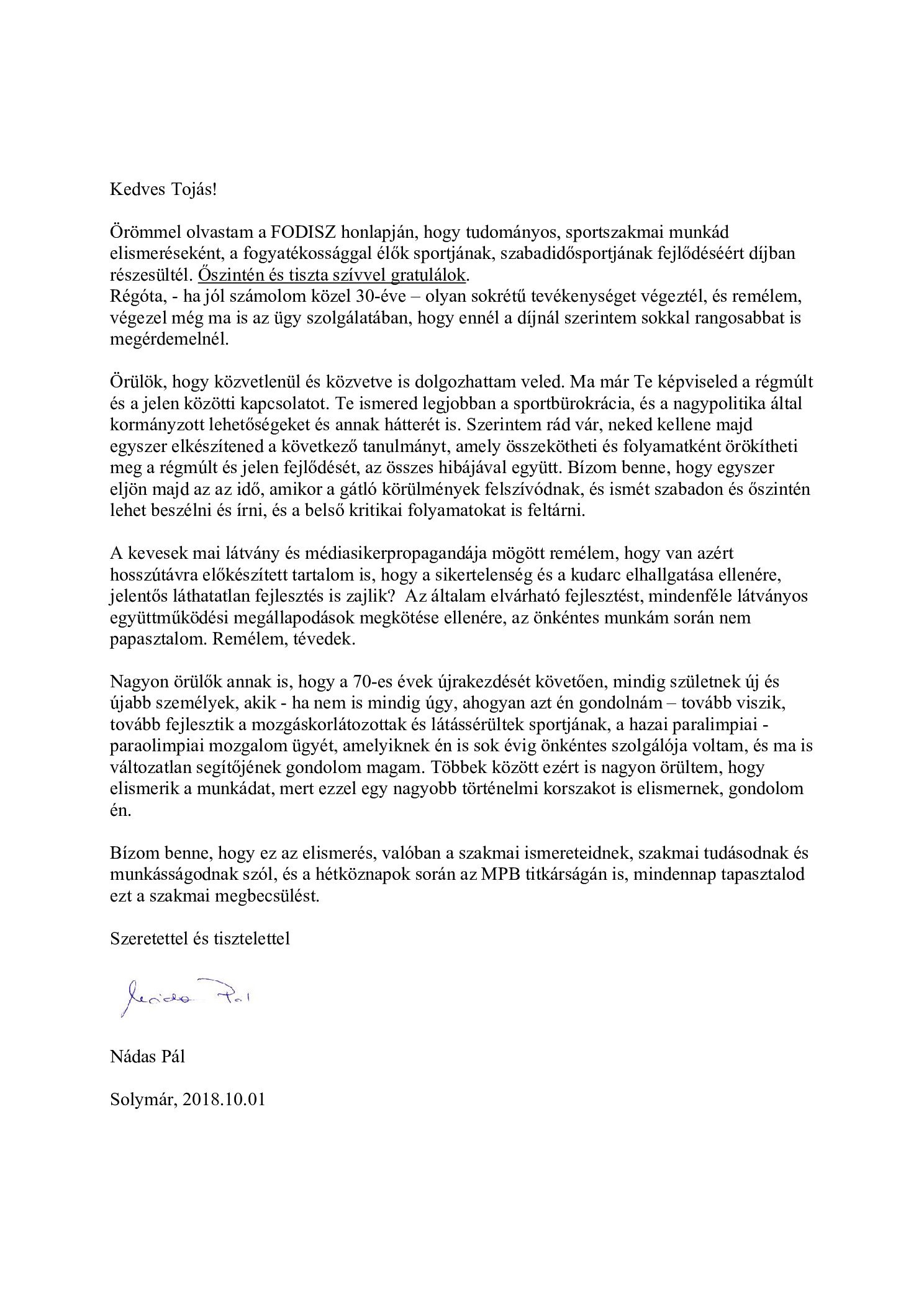 2018. 10. 01. Gratulalo level Nagy Tojas Jozsefnek borító