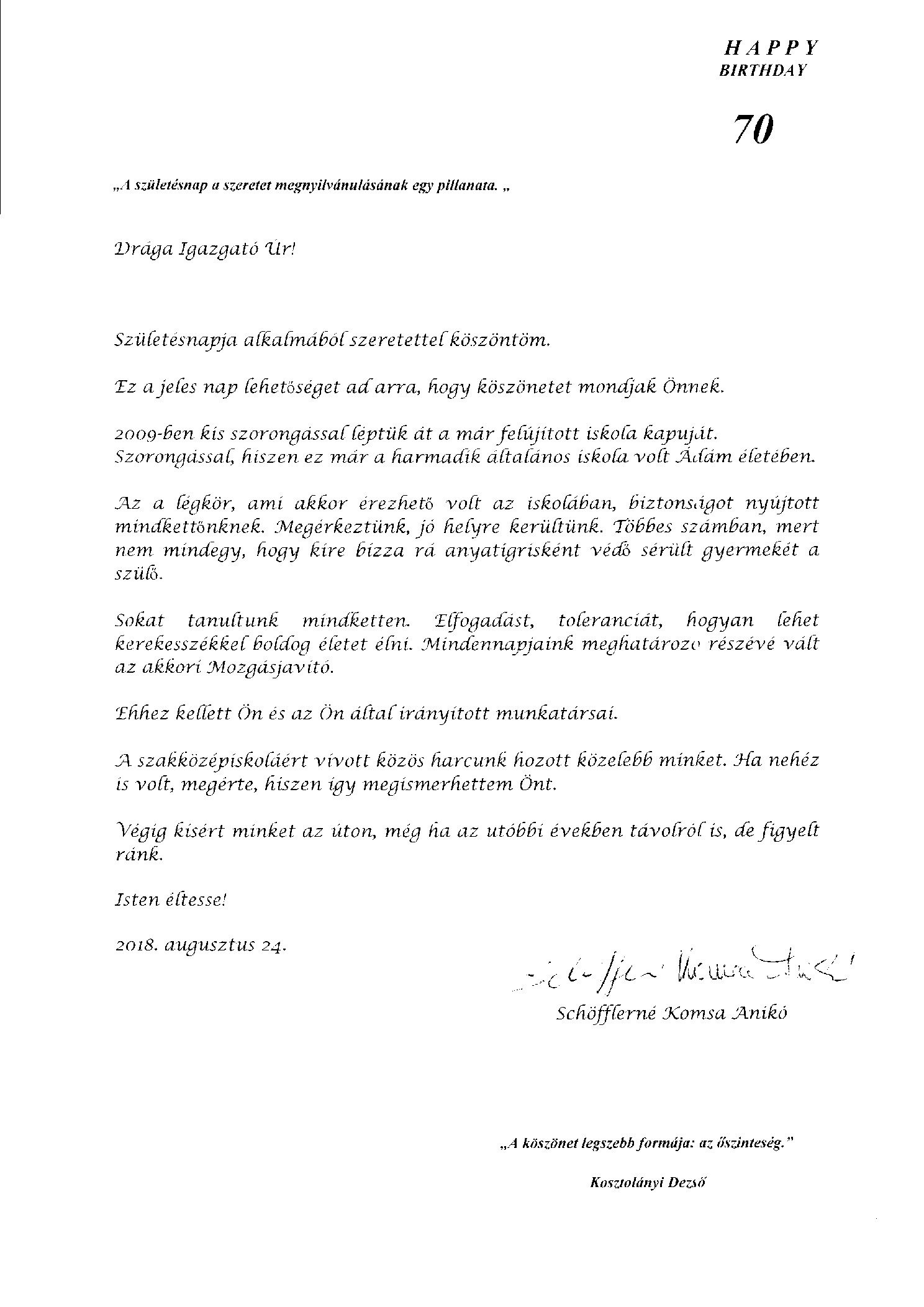 2018. Szuletesnapi 70 koszontok borító
